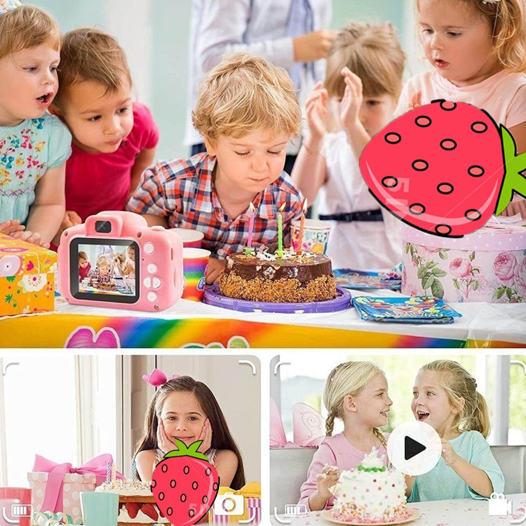 Kinder auf einer Geburtstagsfeier mit Kuchen und einer rosa Kamera.