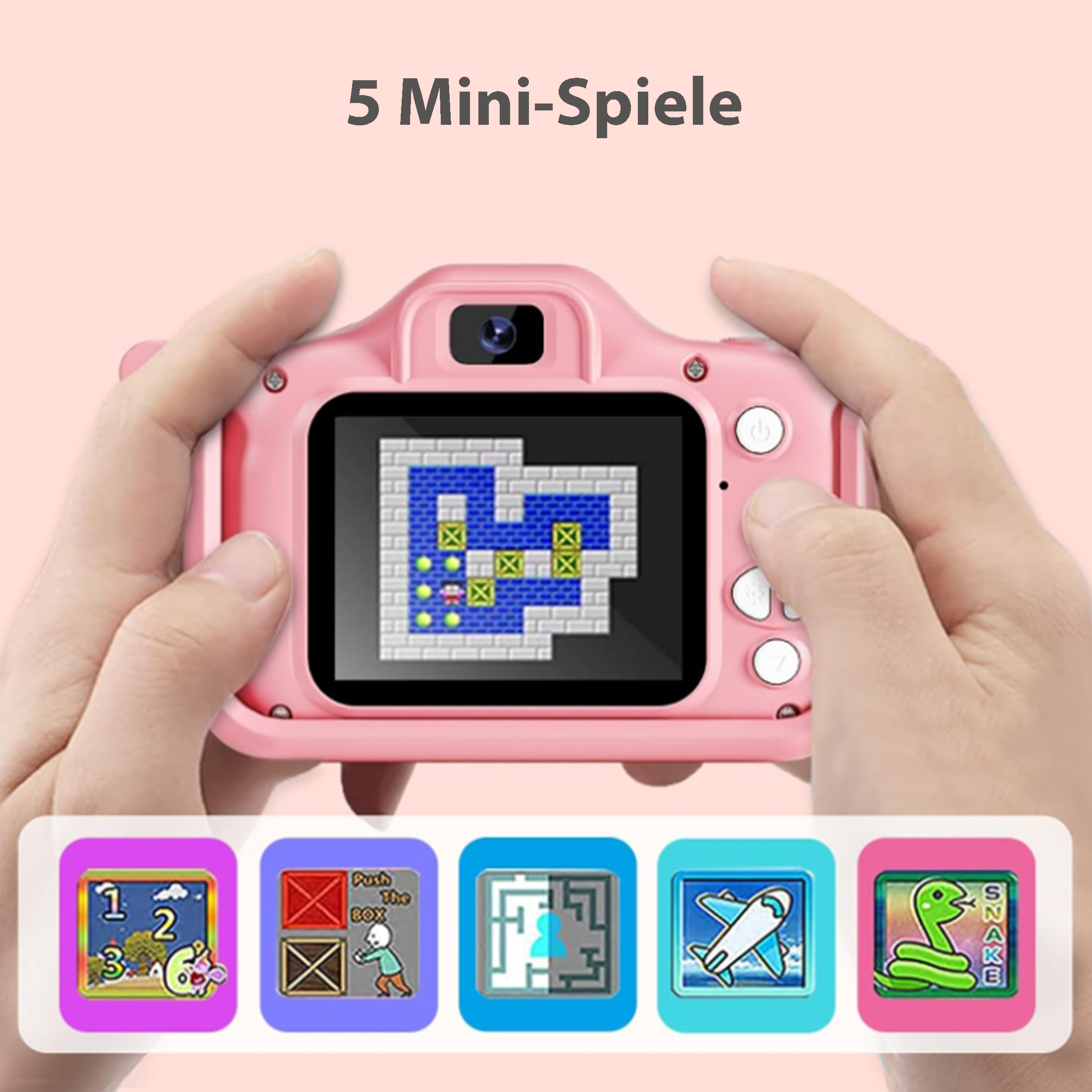 Eine rosa Spielzeugkamera mit einem Bildschirm, der ein Spiel anzeigt, mit Knöpfen und Illustrationen von Minispielen.
