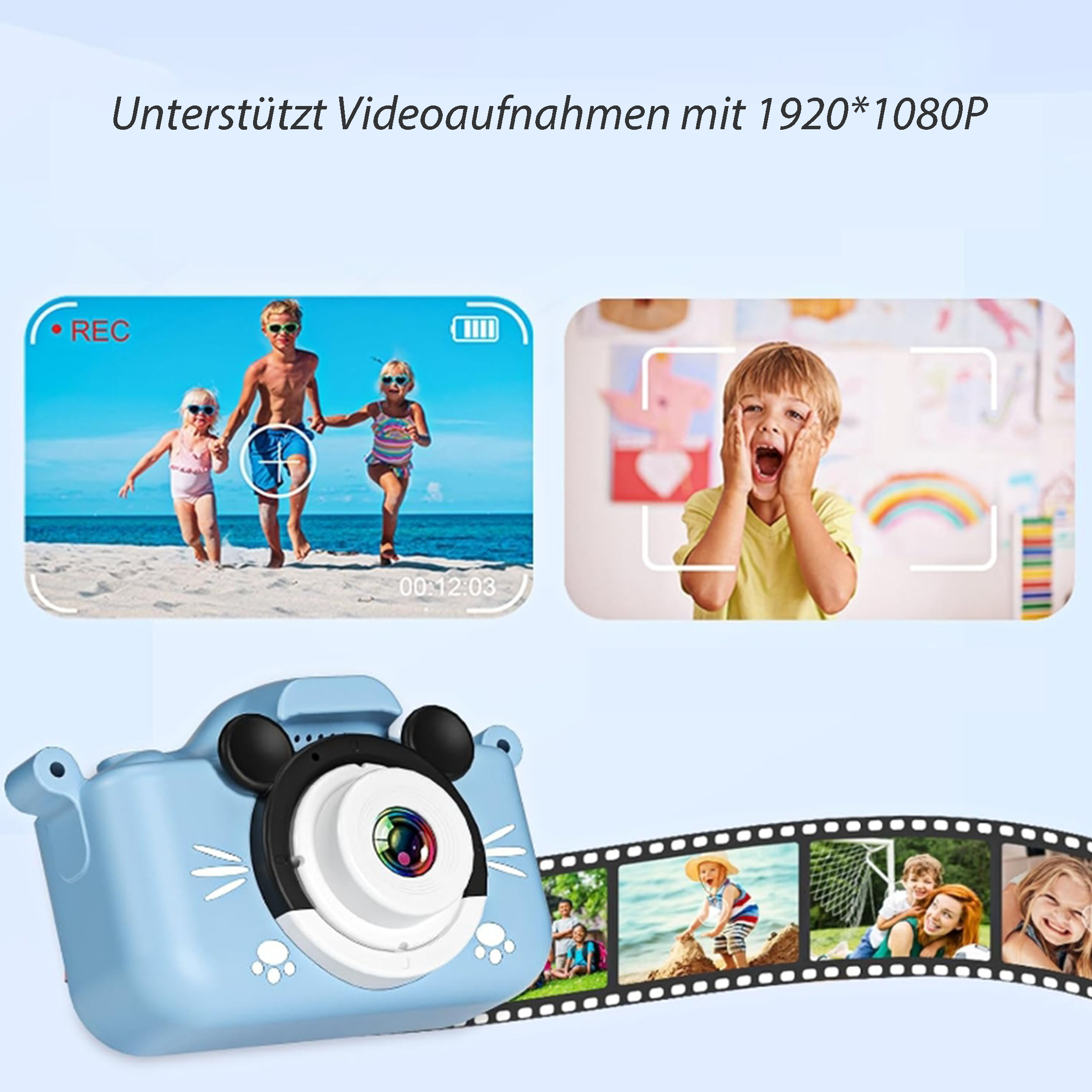 Blaue Spielzeugkamera mit spielenden Kindern am Strand und einem überraschten Jungen.