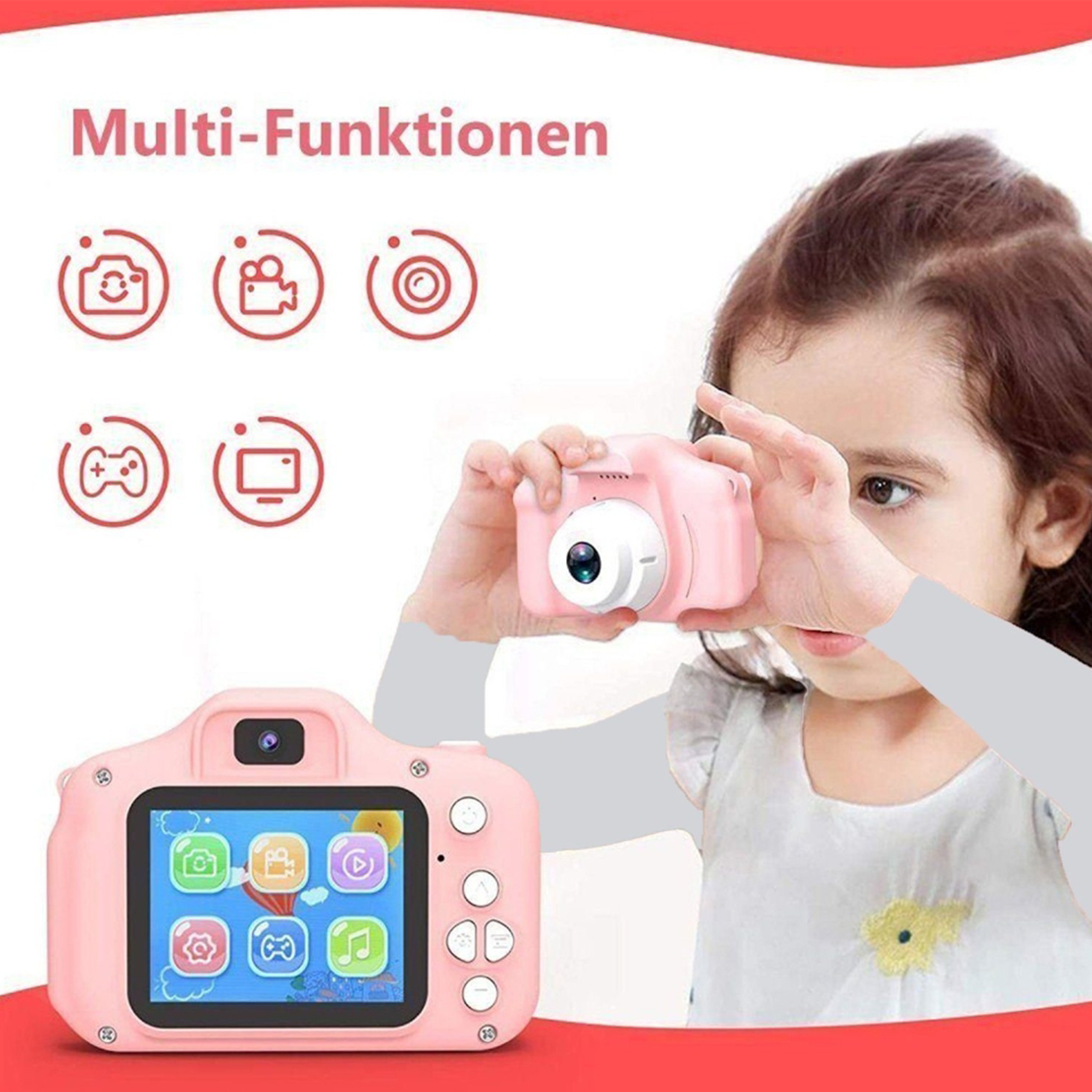 Rosa Kinderkamera mit Funktionssymbolen und ein Mädchen hält sie.