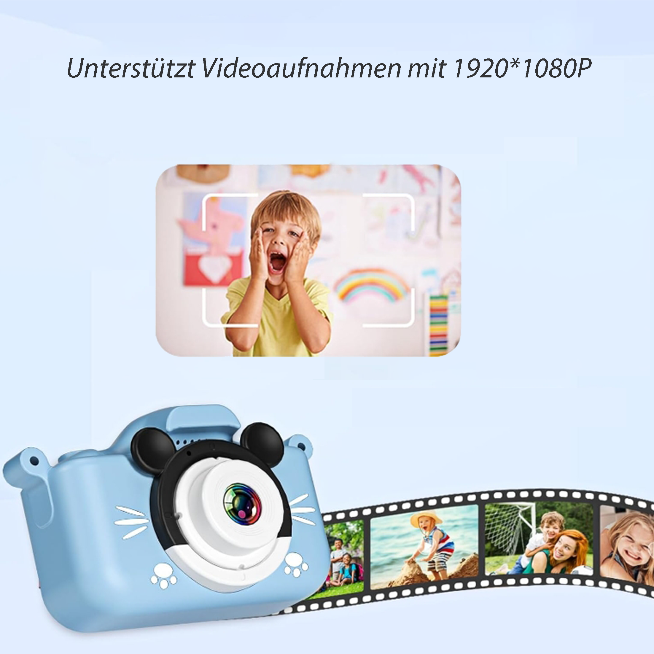 Eine blaue Kamera in Form einer Maus mit dem Gesicht eines Kindes auf dem Bildschirm.