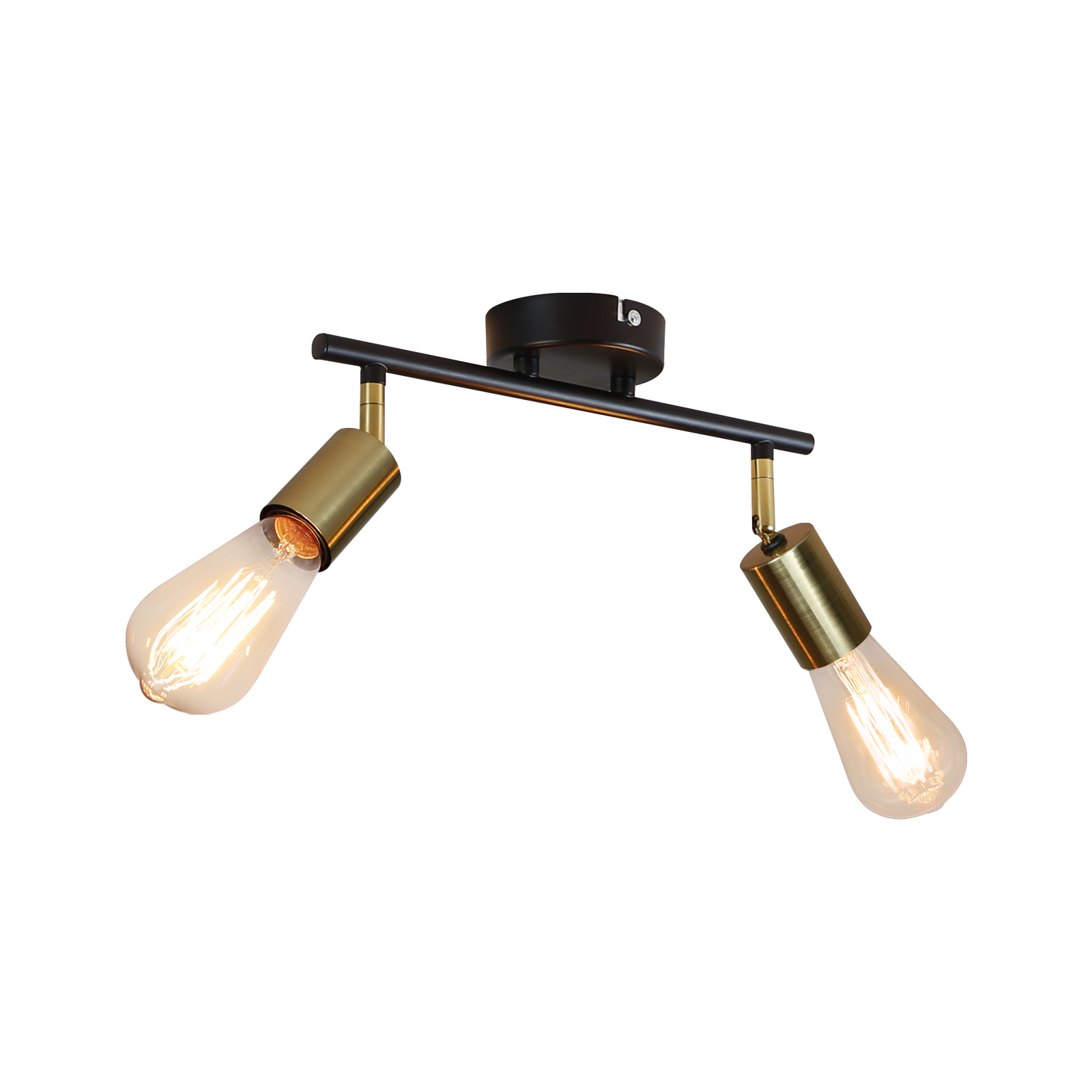 Apparecchio di illuminazione a binario nero e oro con due lampadine.