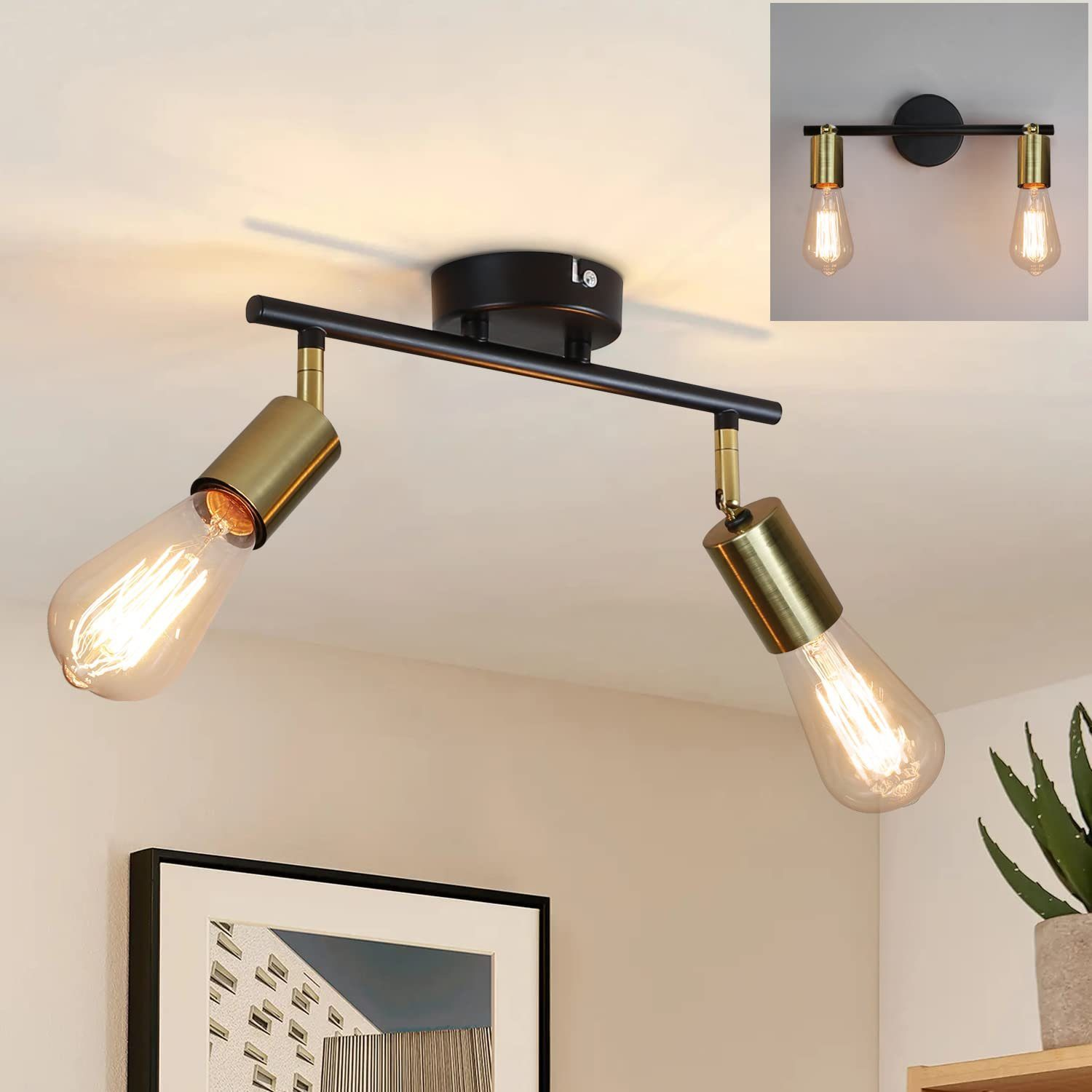 Reflektory sufitowe z widocznymi żarówkami, czarną ramą i złotymi akcentami.