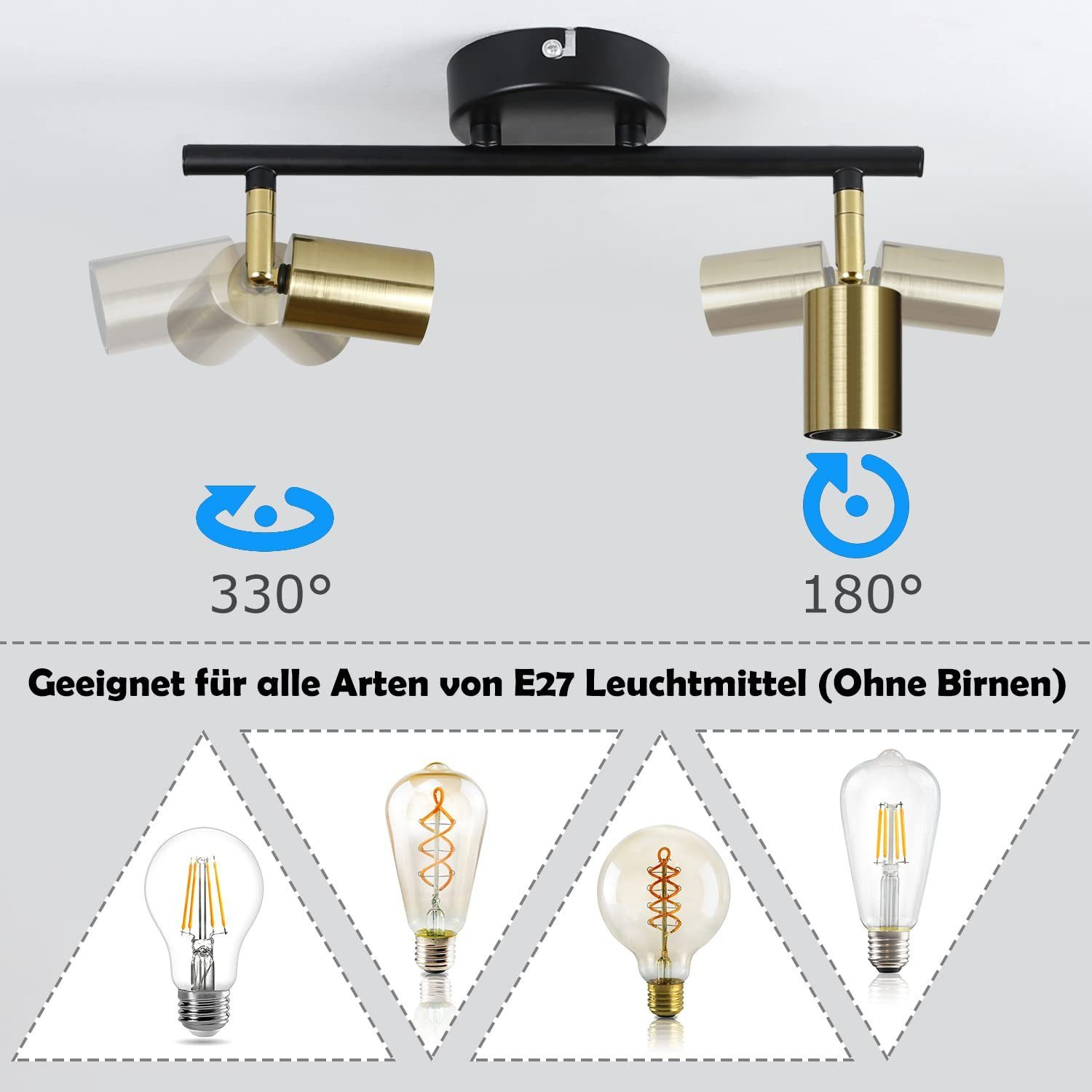 Czarna oprawa sufitowa z trzema regulowanymi lampami w kolorze złotym. Diagram pokazuje regulację kąta.