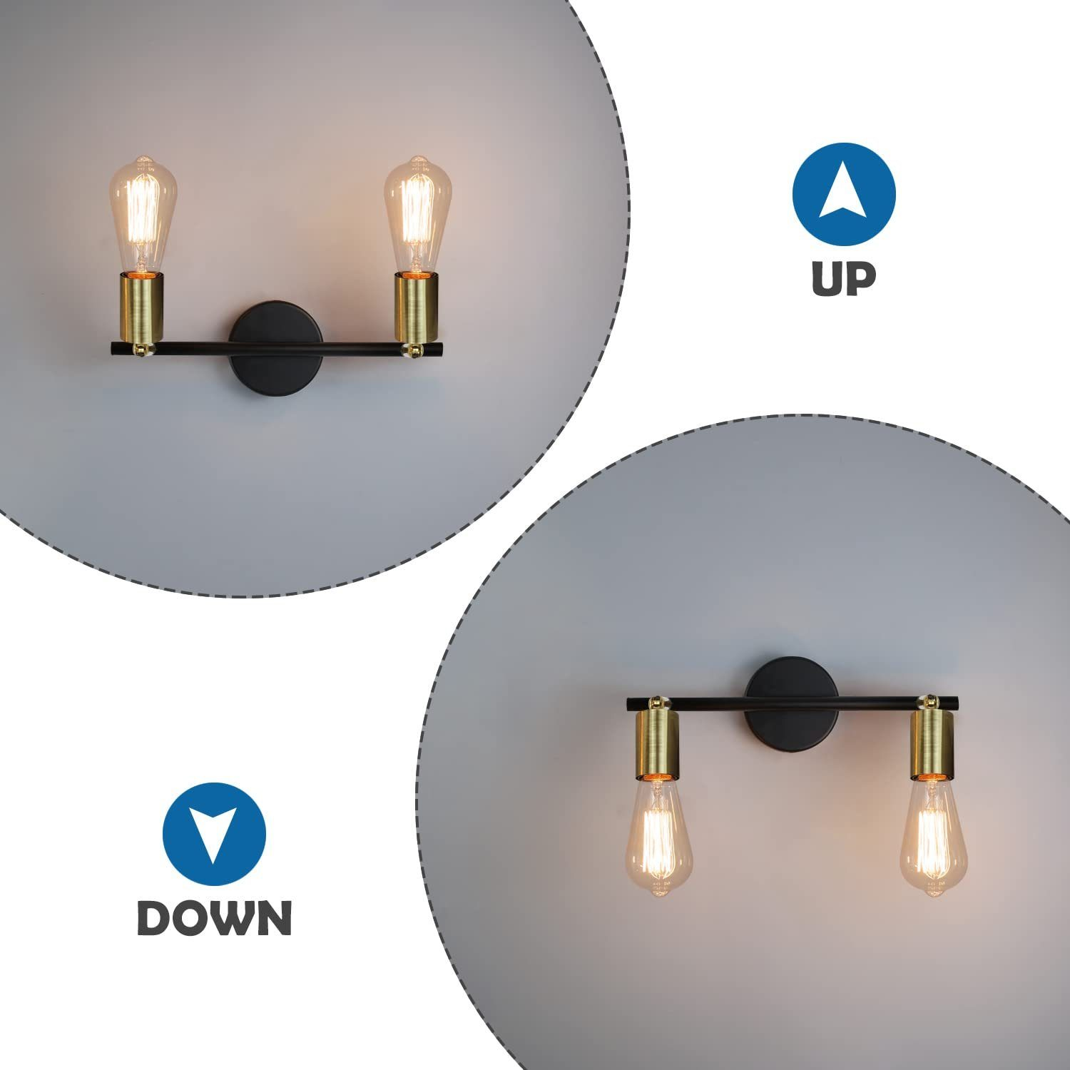 Dwie lampy ścienne z żarówkami. Jedna skierowana w górę, druga w dół. Tło jest jasnoszare.