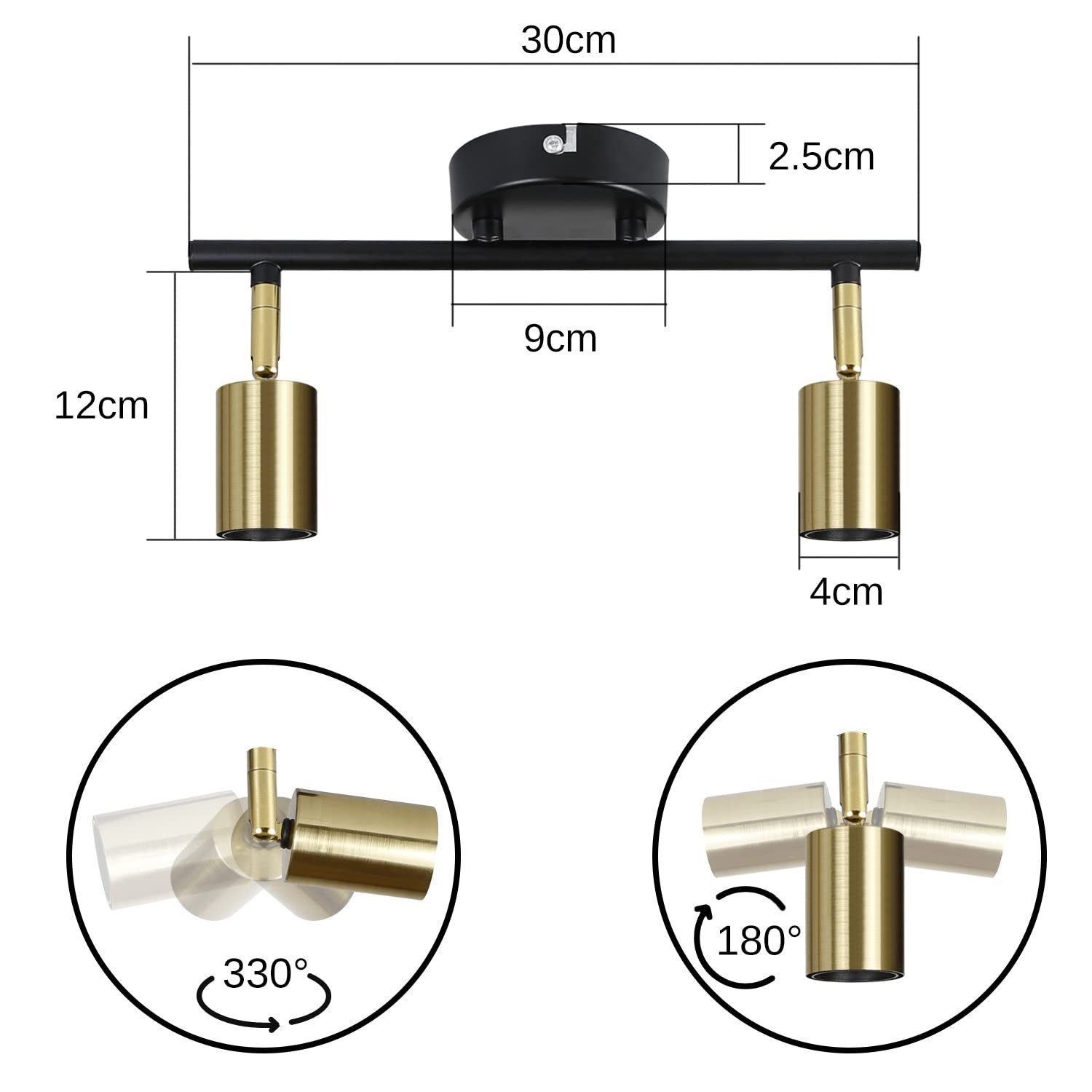 Czarna lampa sufitowa z dwoma złotymi cylindrycznymi lampami i wymiarami.