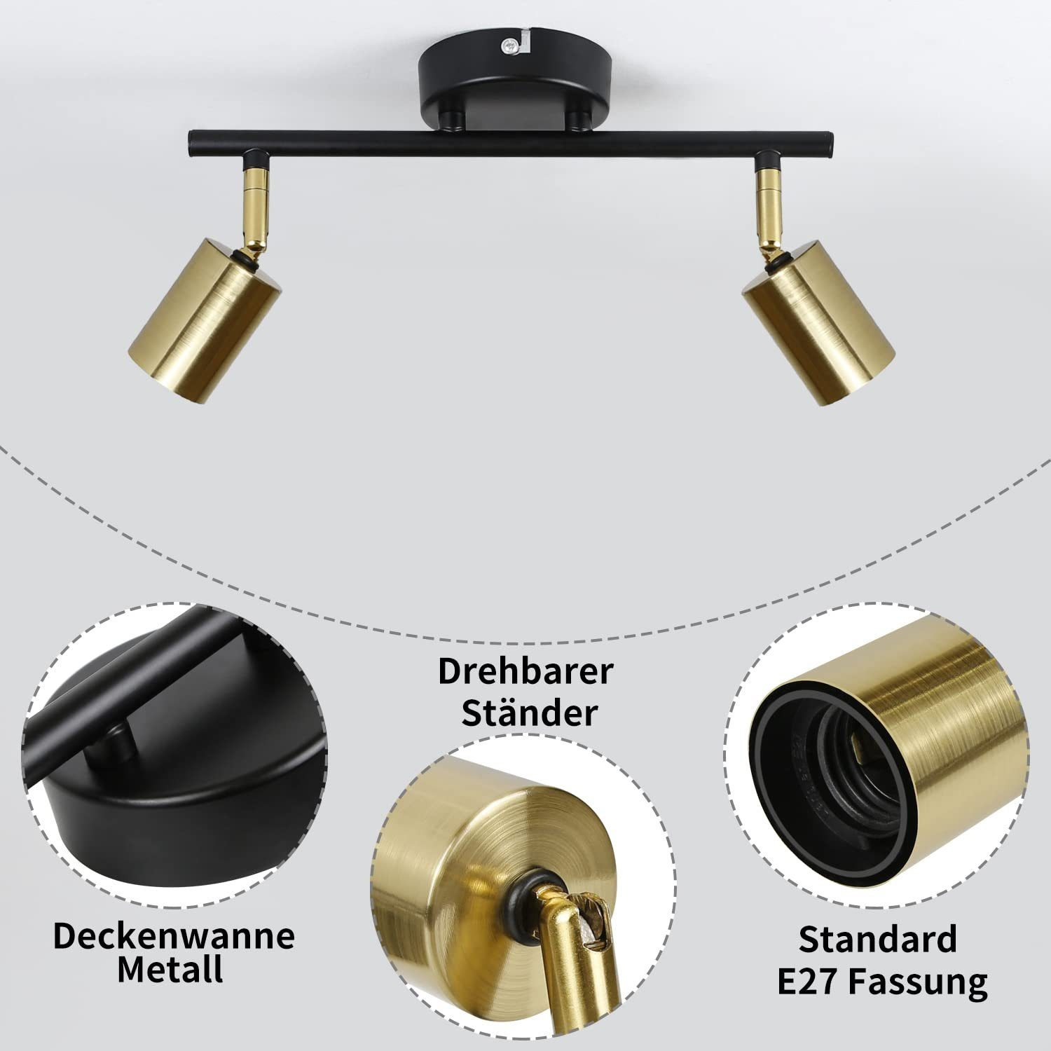 Oprawa oświetleniowa sufitowa. Dwa złote reflektory. Czarna podstawa. Białe tło.