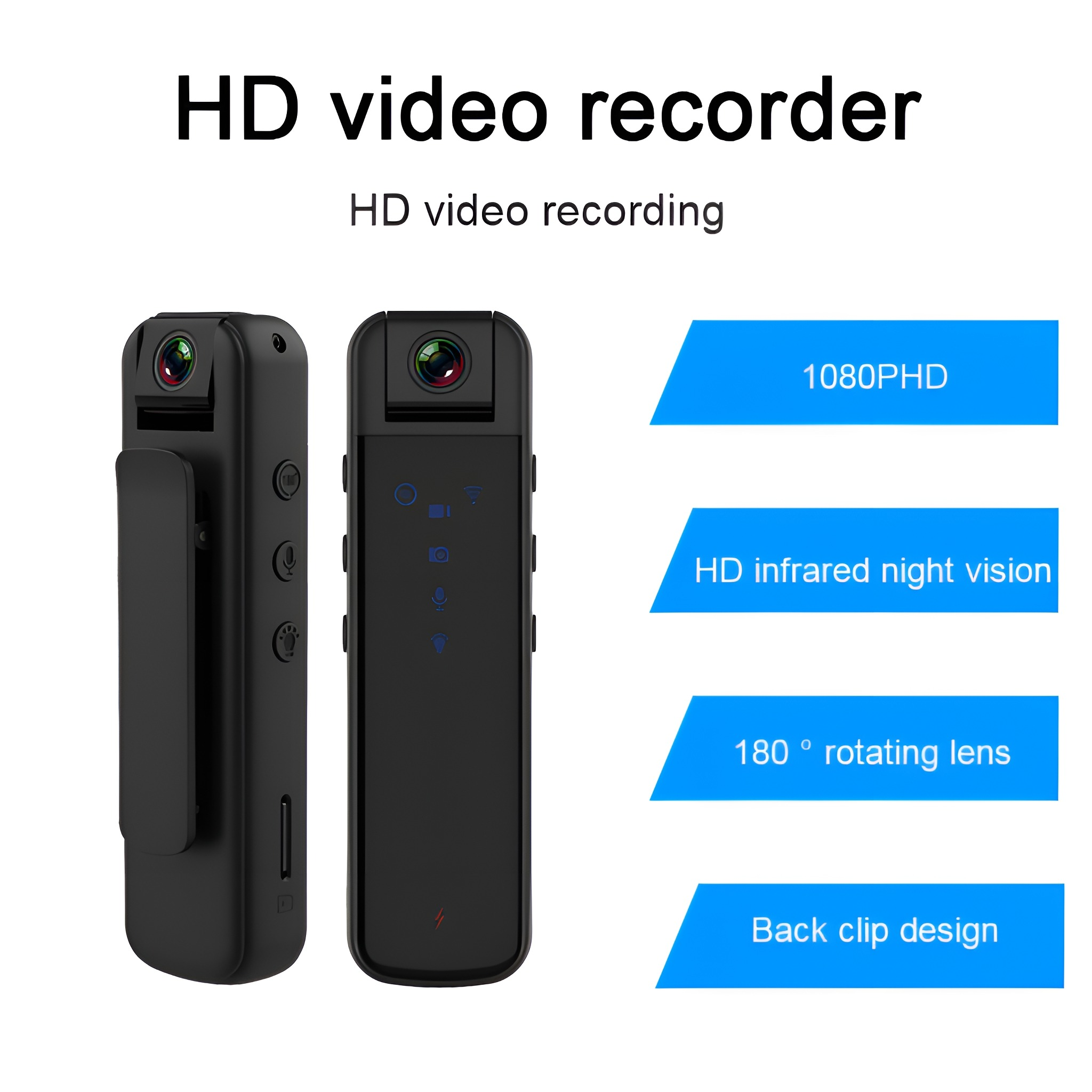 Zwei schwarze HD-Videorekorder mit Beschreibungen: 1080PHD, HD-Infrarot-Nachtsicht, 180° drehbare Linse, Rückclip.