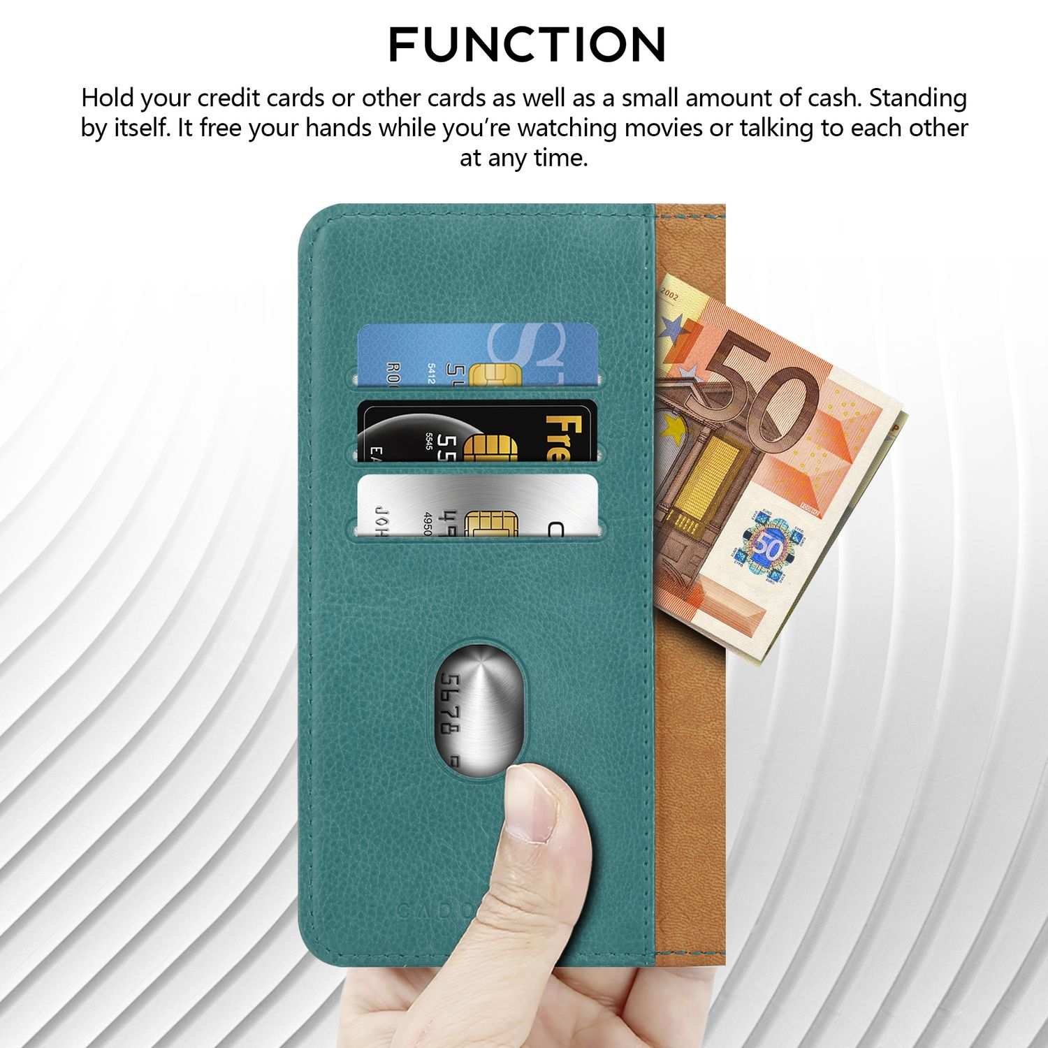 Hand hält eine teal- und braune Handyhülle mit Karten und Bargeld im Inneren. Text: FUNKTION.