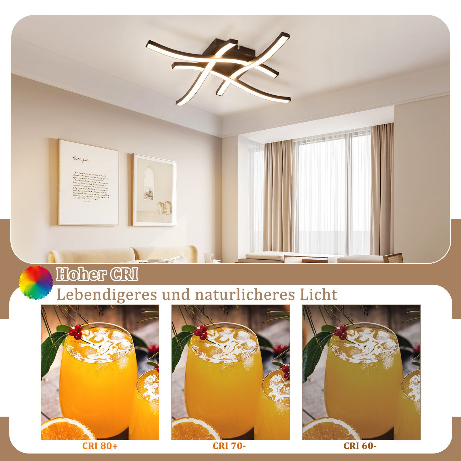 Lampada da soffitto moderna. Tre immagini di bevande che mostrano diverse temperature di colore della luce.