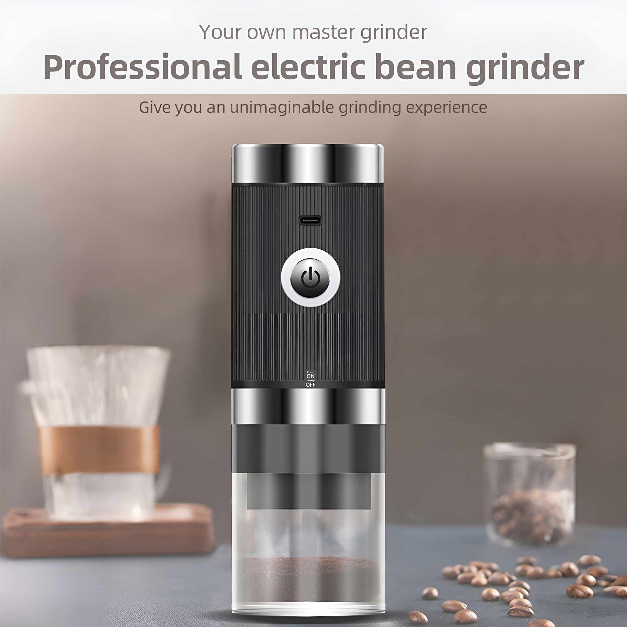 Schwarzer und silberner elektrischer Bohnenmahler mit einem Glasbehälter. Gemahlener Kaffee und Bohnen sind sichtbar.