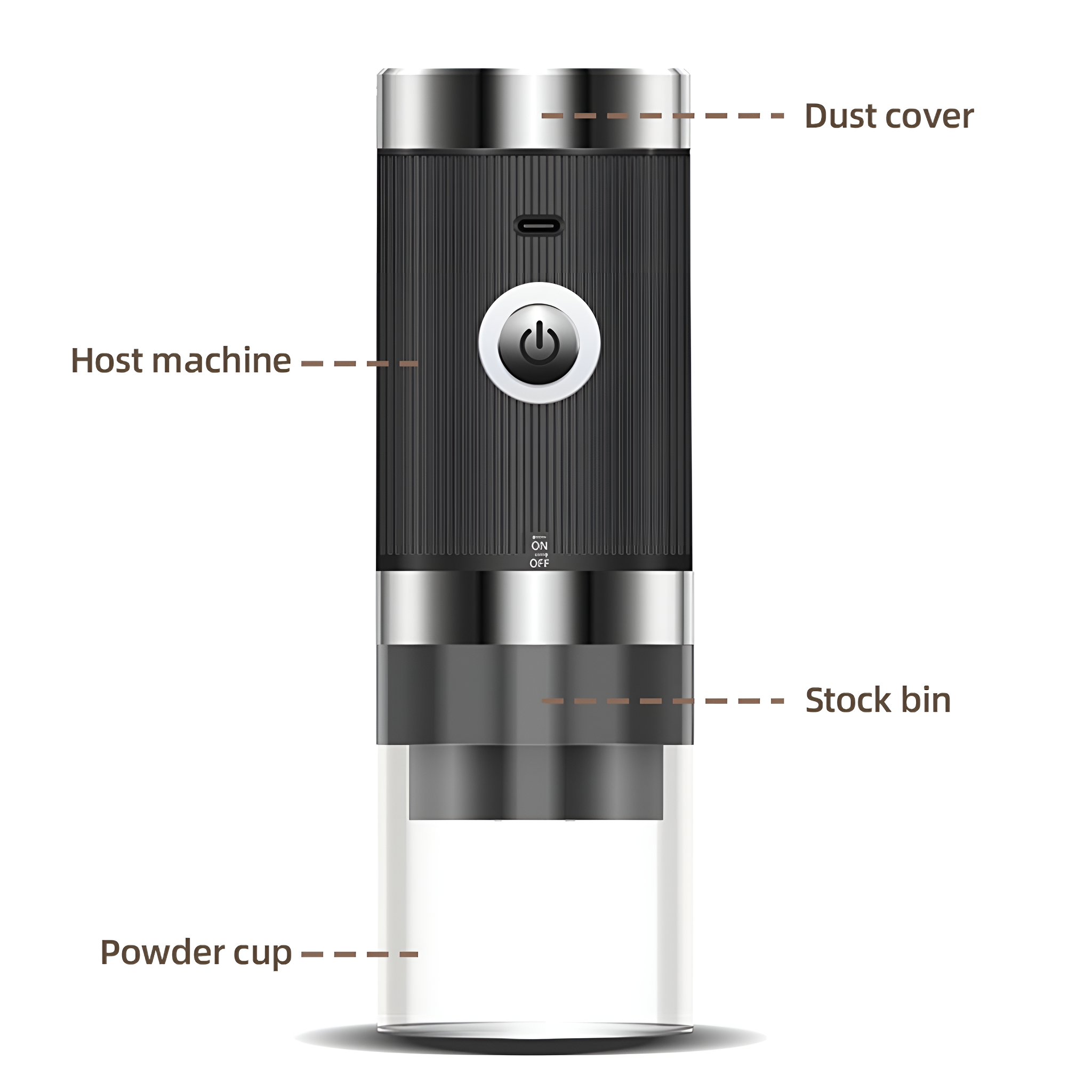 Schwarze und silberne Kaffeemühle. Sie enthält eine Pulvertasse, einen Vorratsbehälter, eine Maschine und eine Staubschutzhülle.