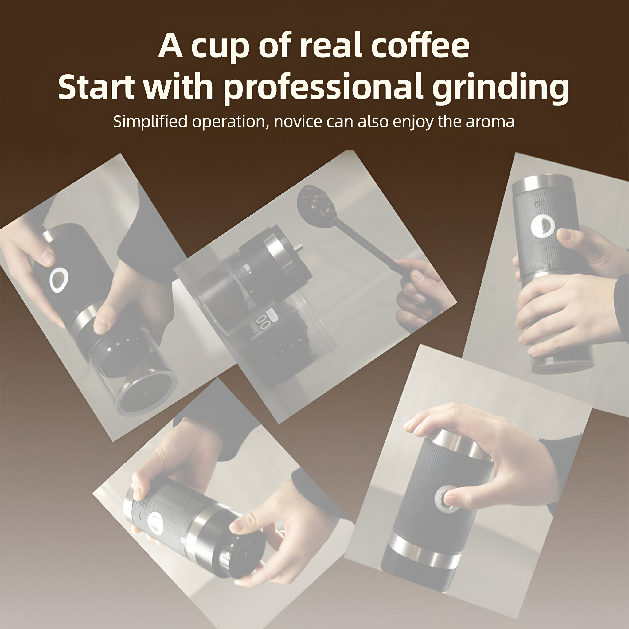 Mehrere Fotos, die die Verwendung einer Kaffeemühle zeigen, mit dem Text 'A cup of real coffee'.