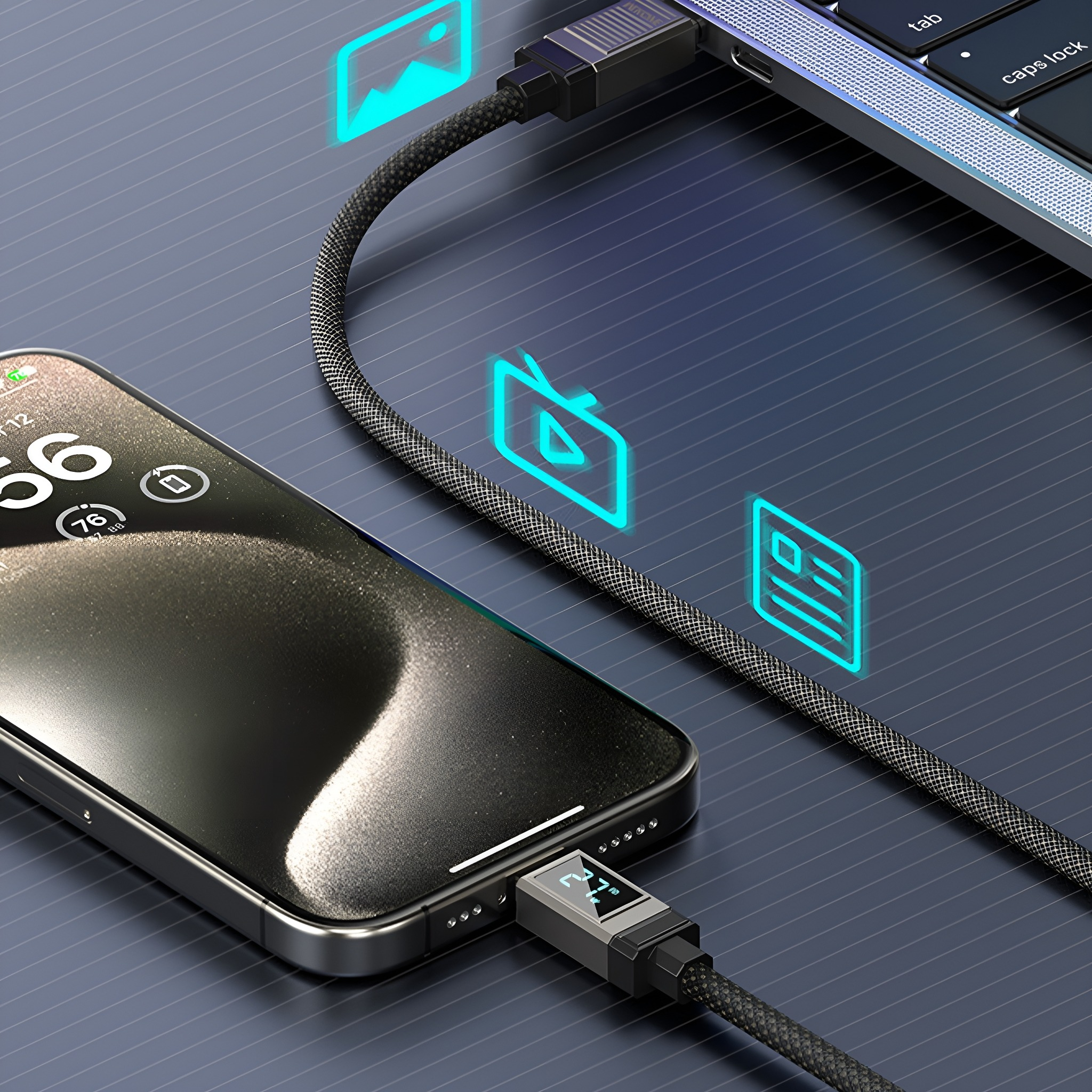 Telefon mit Ladekabel verbunden, mit Ladezustand.