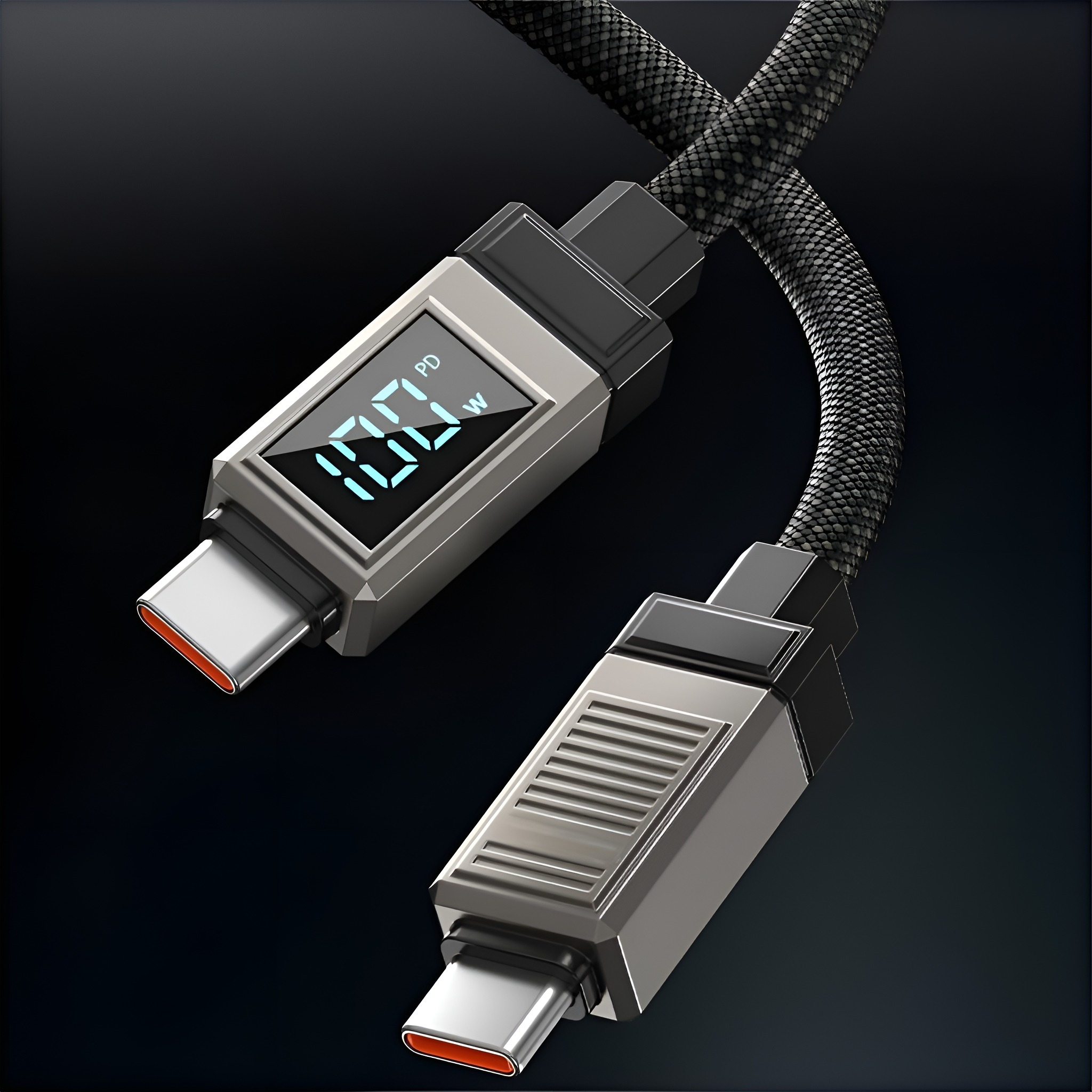 Schwarzes und silbernes USB-C-Kabel mit digitaler Anzeige '100 PD' und USB-C-Anschlüssen.
