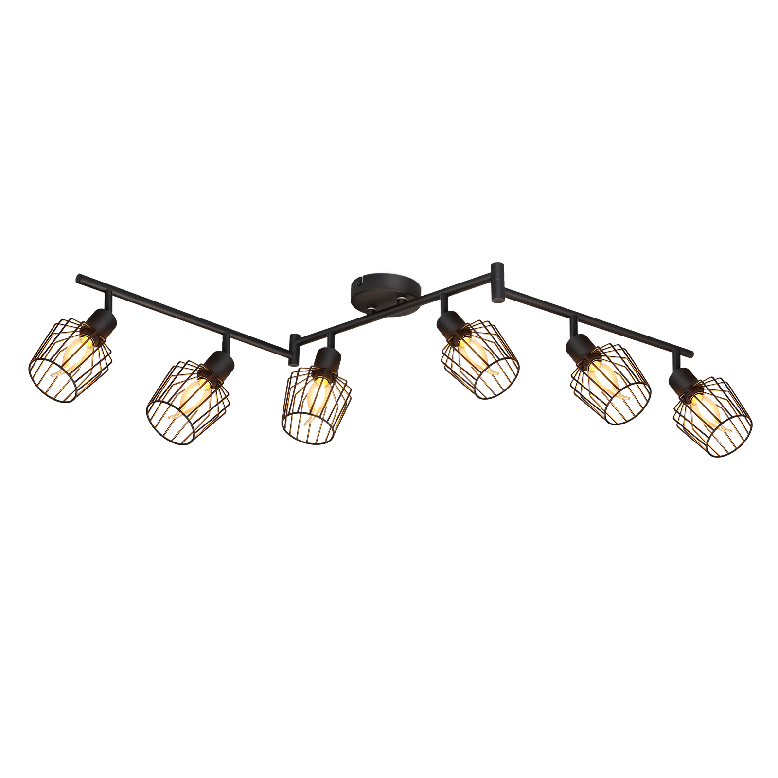 Czarna oprawa oświetlenia szynowego z sześcioma światłami, każde z konstrukcją przypominającą klatkę.