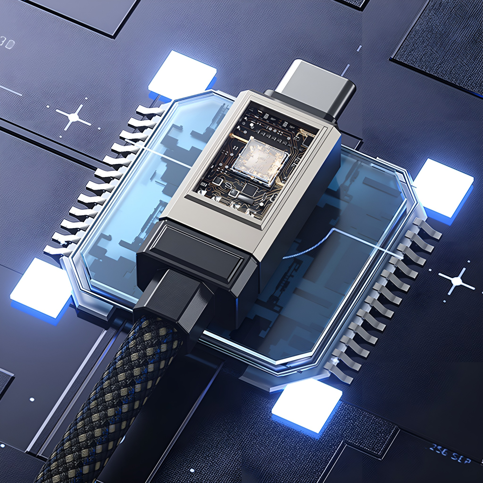 Nahaufnahme eines USB-C-Kabels mit Metallanschluss und Leiterplatte.