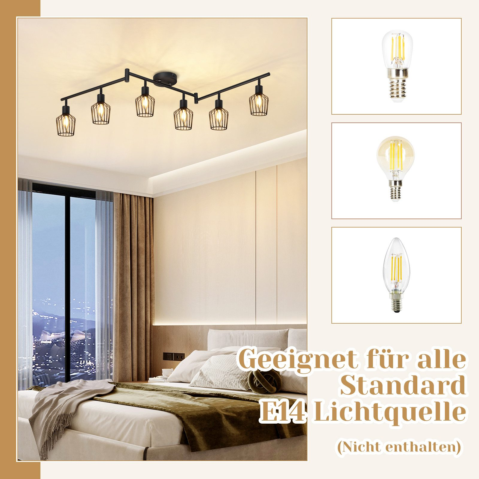 Lampa sufitowa z sześcioma światłami i trzema różnymi żarówkami.