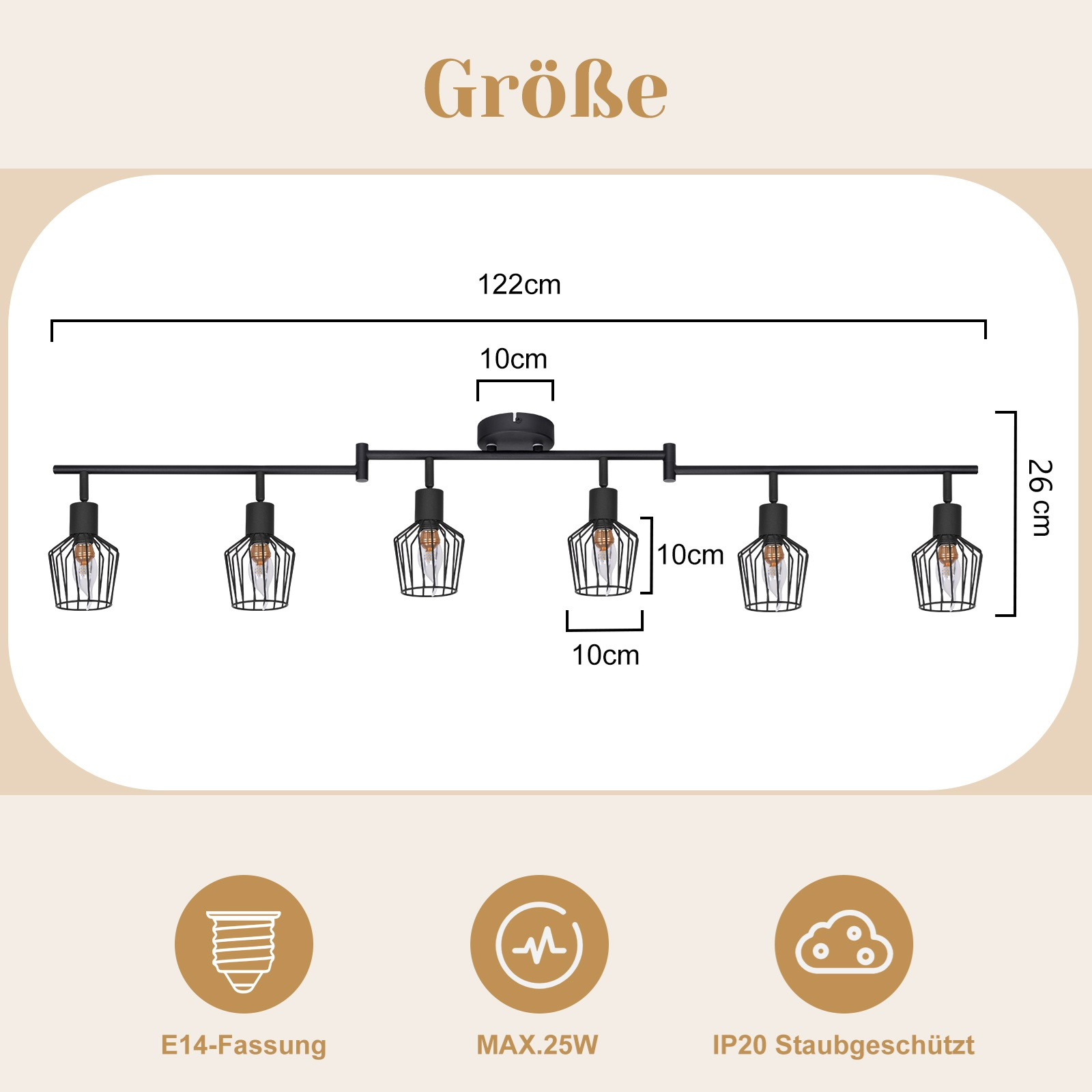 Czarna, liniowa lampa sufitowa z sześcioma lampami. Pokazano wymiary. Lampa ma oprawę E14.