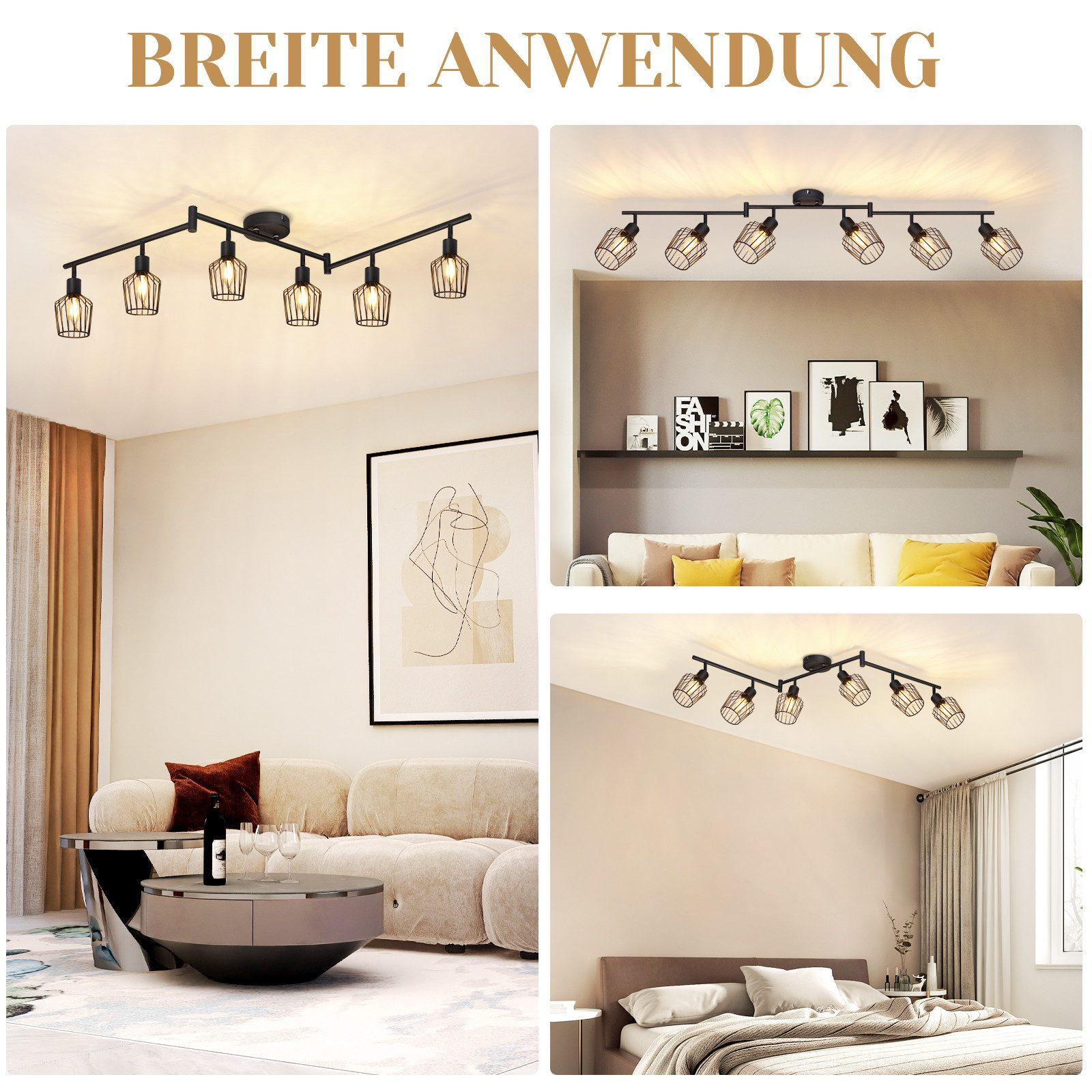 Immagini multiple mostrano apparecchi di illuminazione a binario neri in varie ambientazioni domestiche.