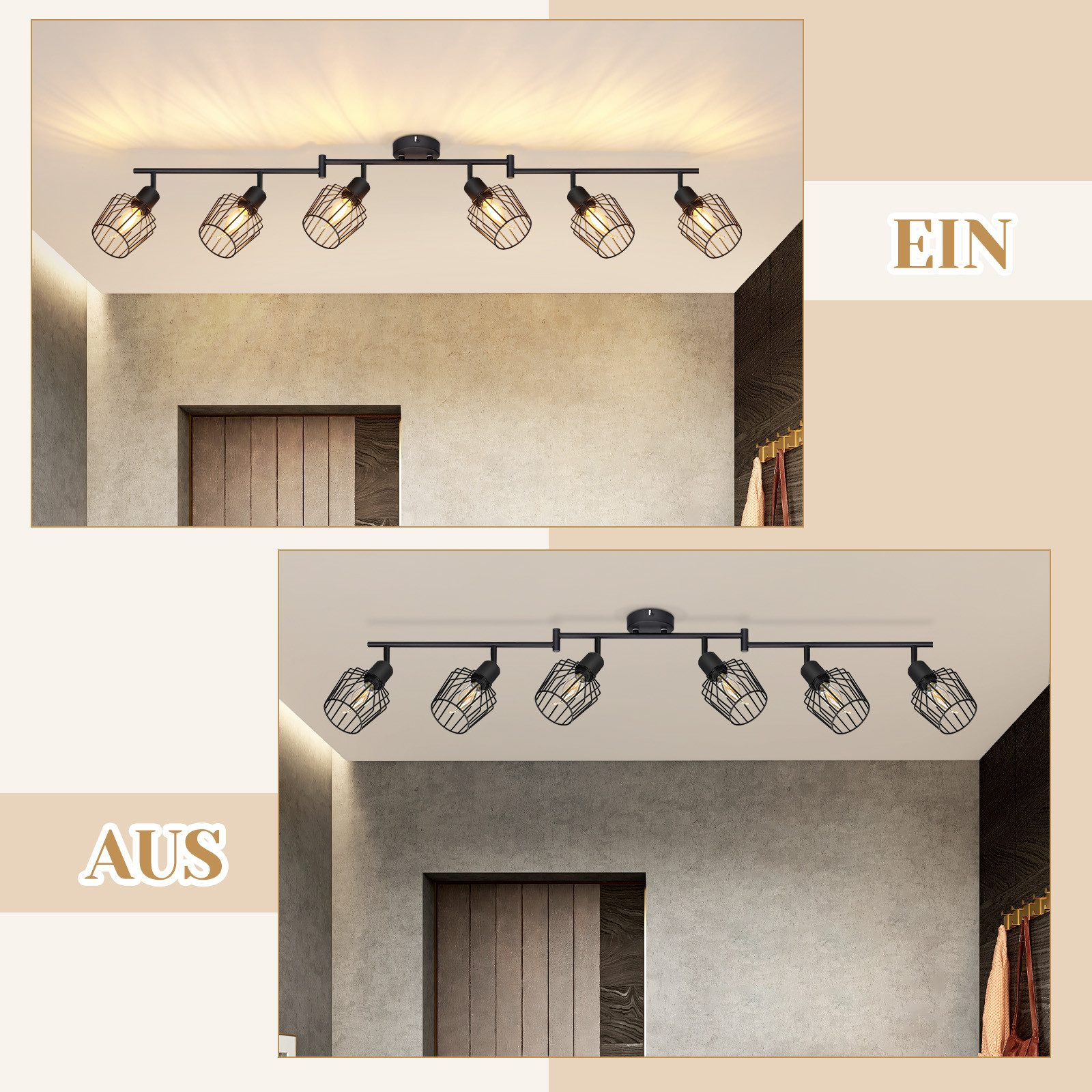 Dwa obrazy pokazujące oprawę oświetlenia sufitowego. Pokazano pozycje włączone i wyłączone.