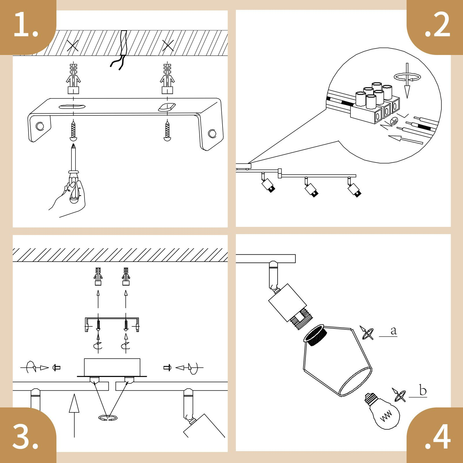Schemat przedstawiający etapy instalacji oprawy oświetleniowej. Posiada cztery ponumerowane panele z ilustracjami i instrukcjami.