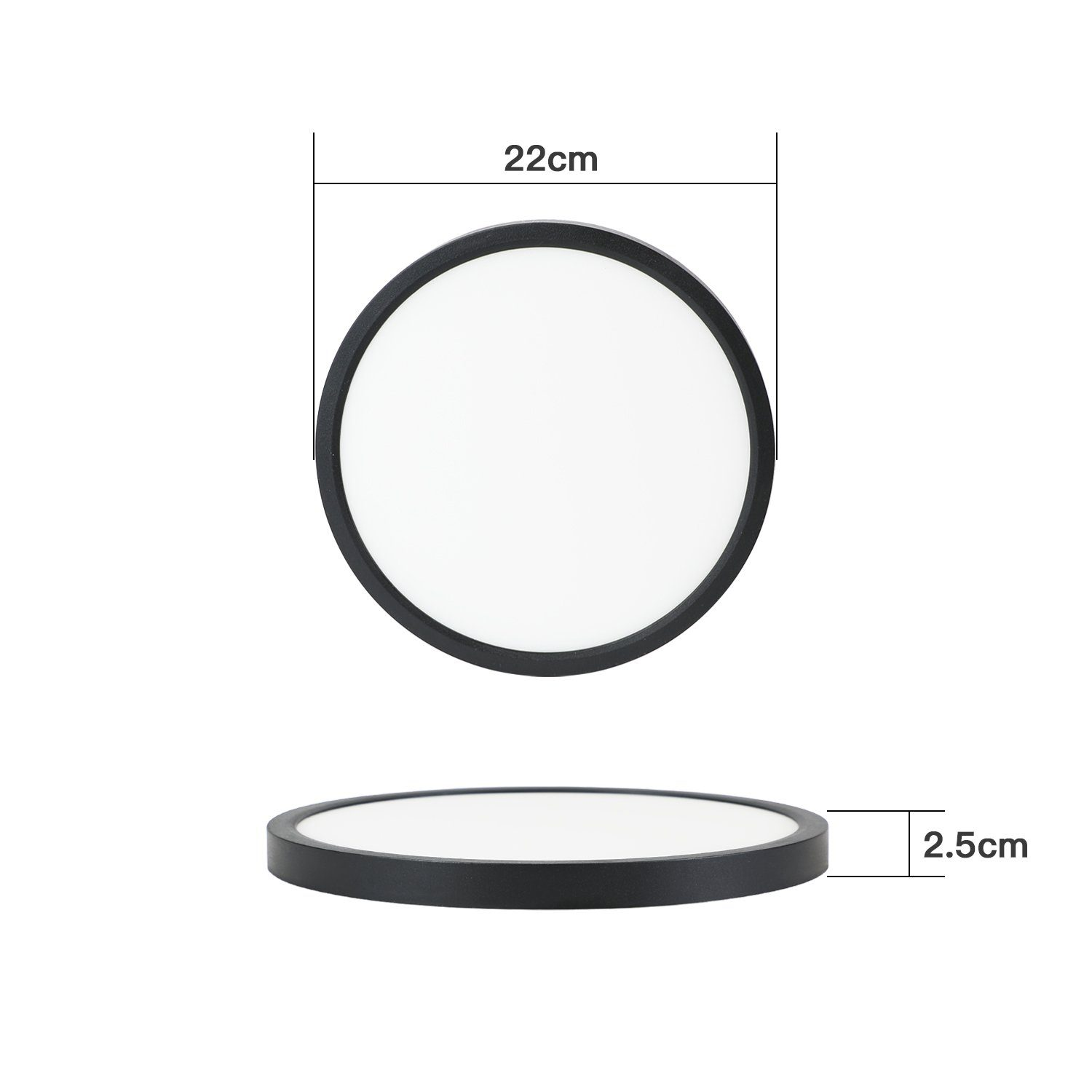 Luce a LED rotonda bianca e nera. Vista dall'alto e laterale mostrano le dimensioni: 22 cm e 2,5 cm.