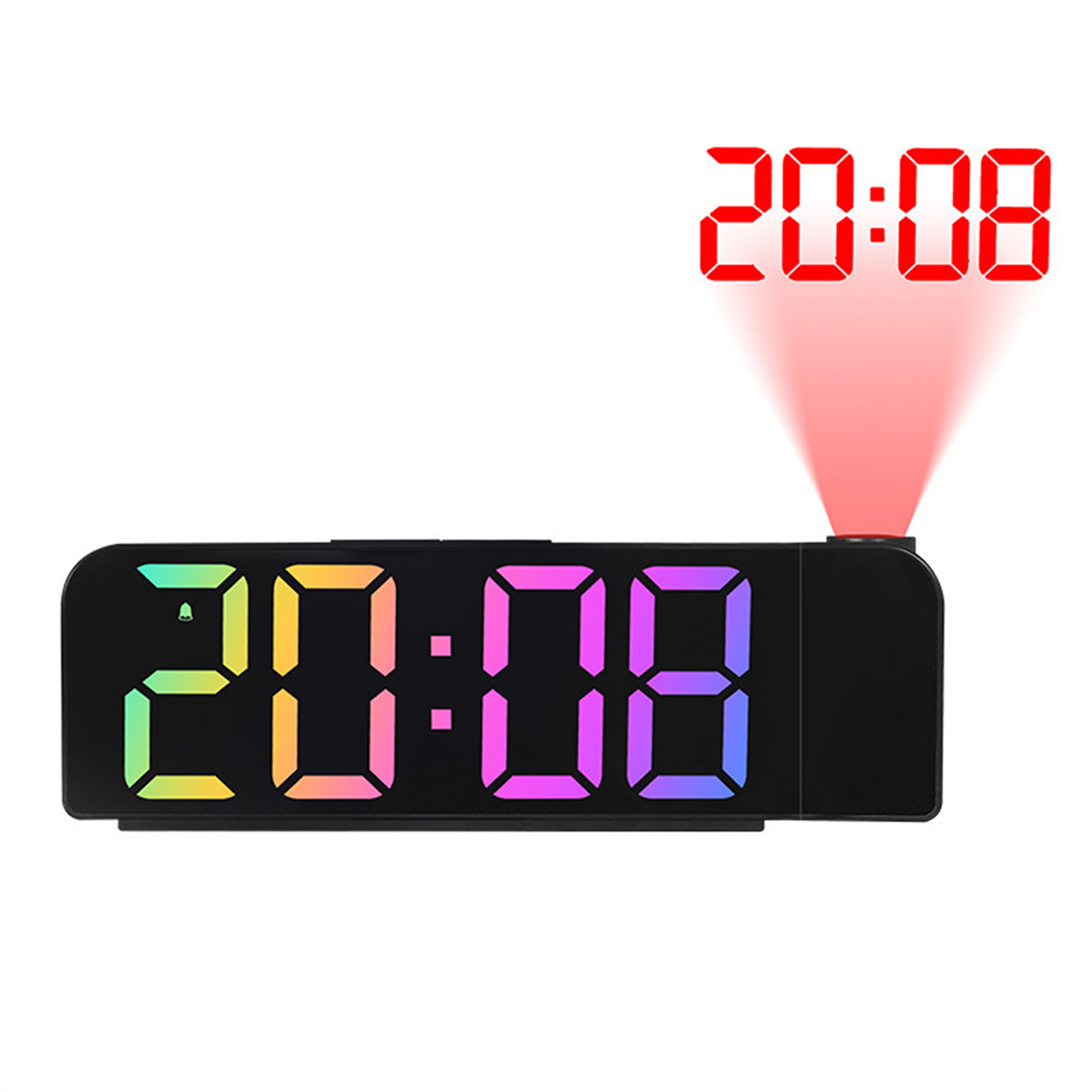 Ein schwarzer digitaler Wecker mit der Anzeige '20:08' und roter Projektion. Er hat eine mehrfarbige Digitalanzeige.