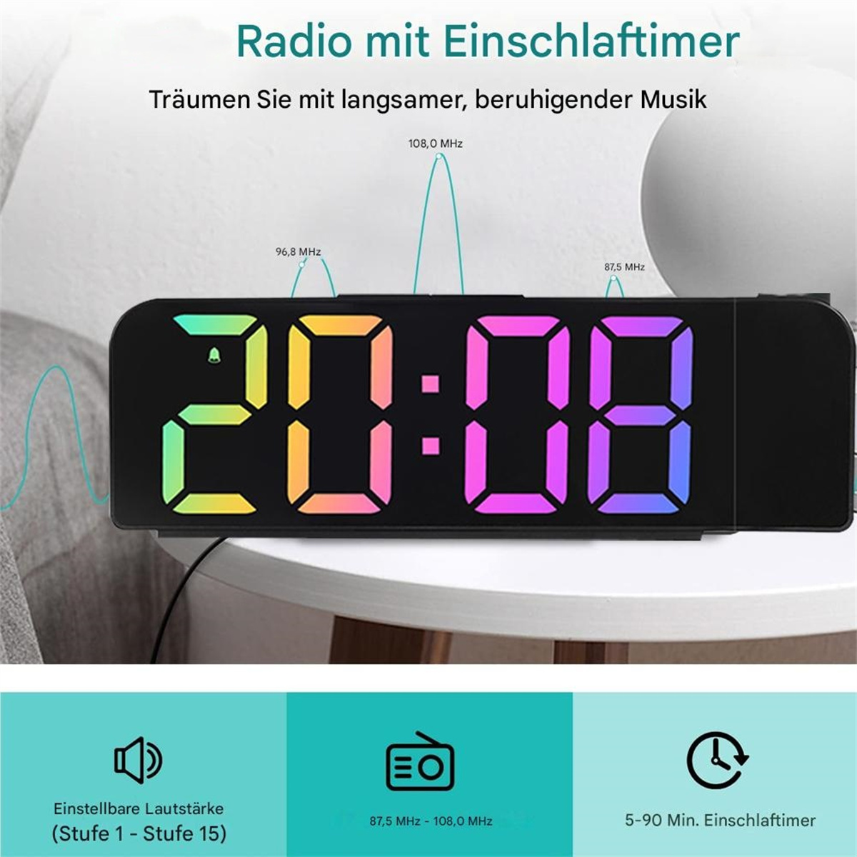 Ein schwarzer digitaler Wecker mit bunten Ziffern. Es zeigt die Uhrzeit 20:08 an. Die Uhr hat Radio und Sleep-Timer.
