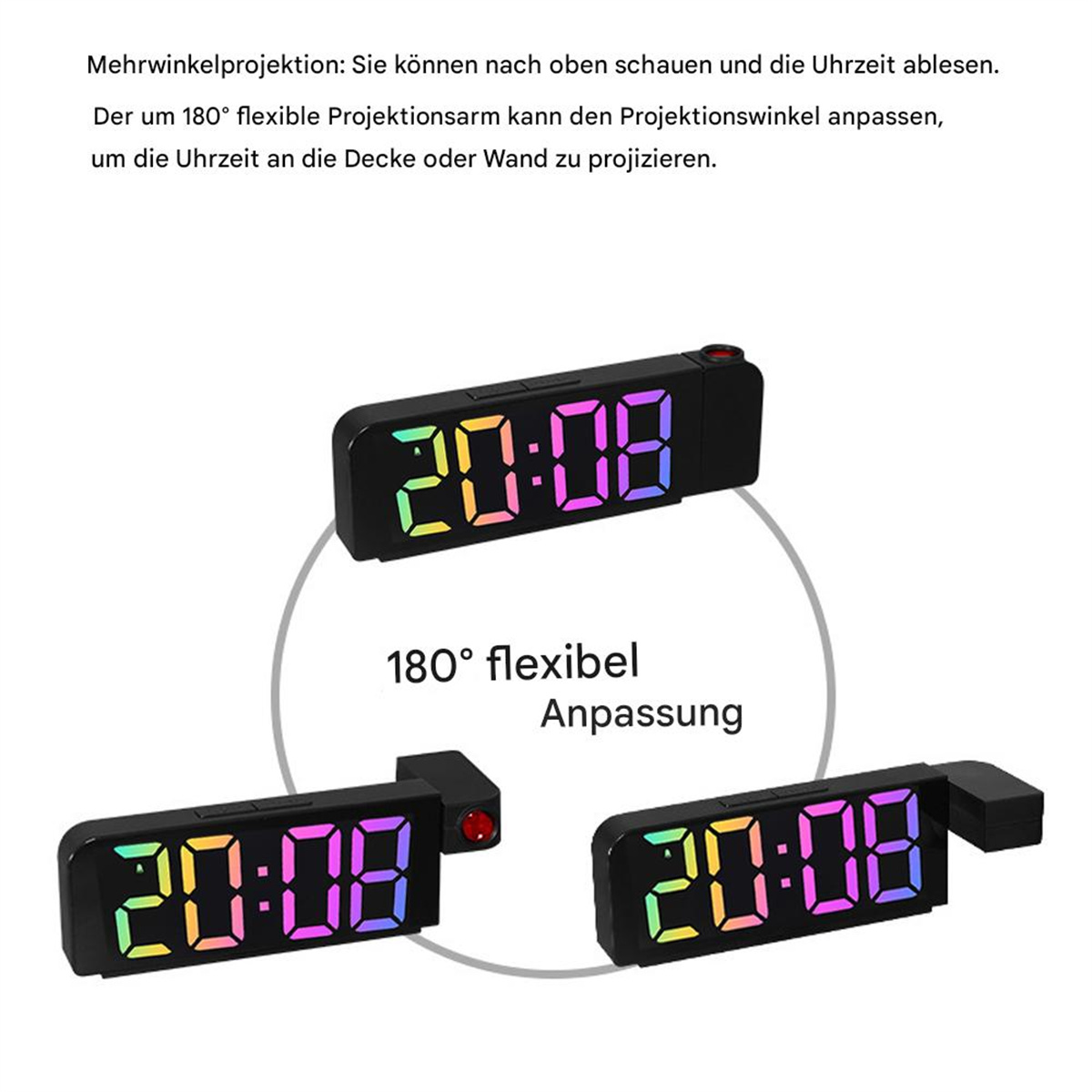 Schwarze Digitaluhr, die 20:08 in drei verschiedenen Winkeln anzeigt.