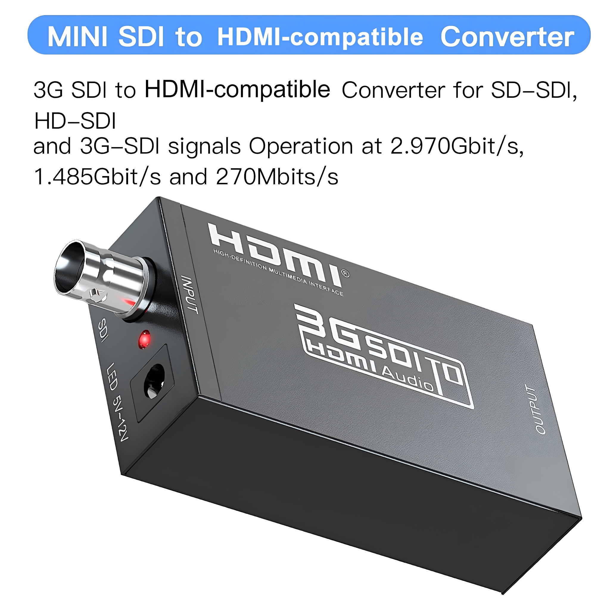 Schwarzer SDI-zu-HDMI-Konverter mit Eingangs-/Ausgangsbezeichnungen.