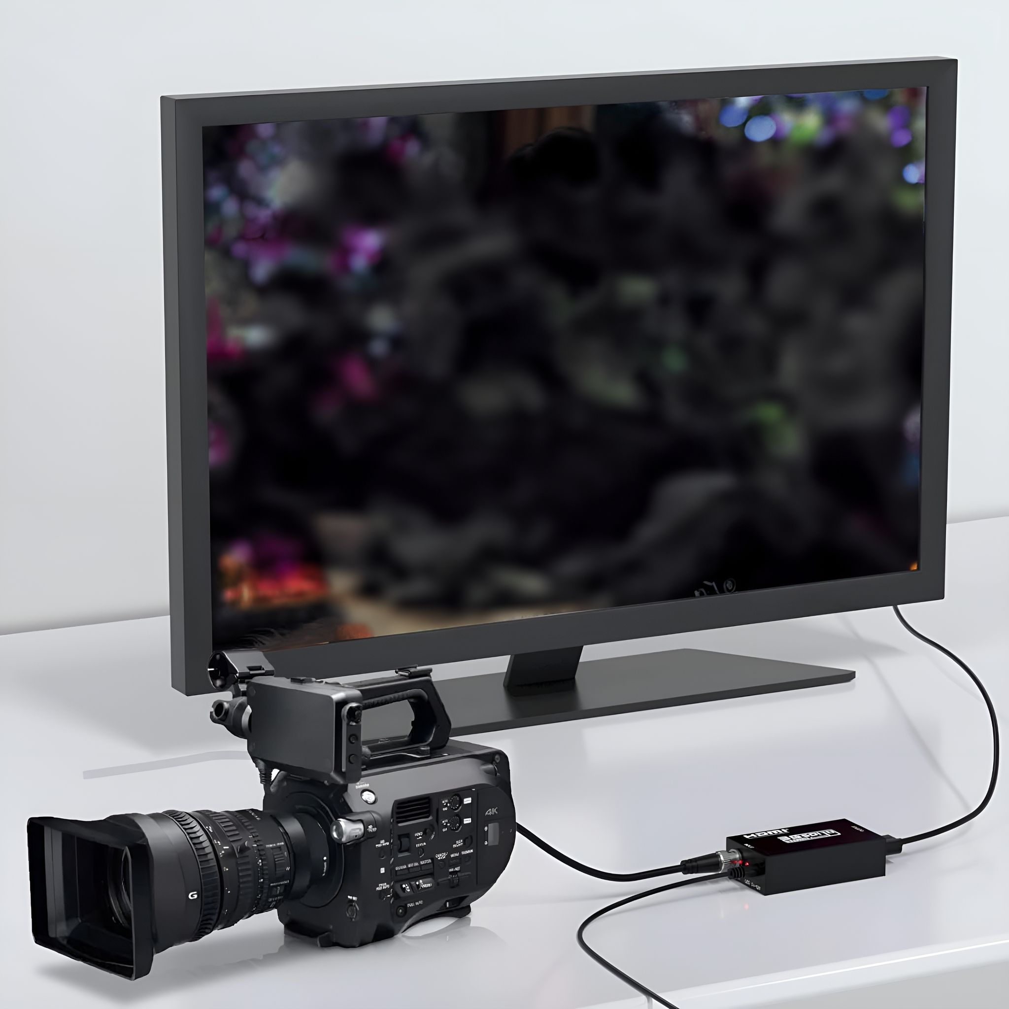 Eine schwarze Kamera, die über ein Kabel mit einem Monitor verbunden ist, auf einem weißen Tisch. Der Hintergrund ist unscharf.