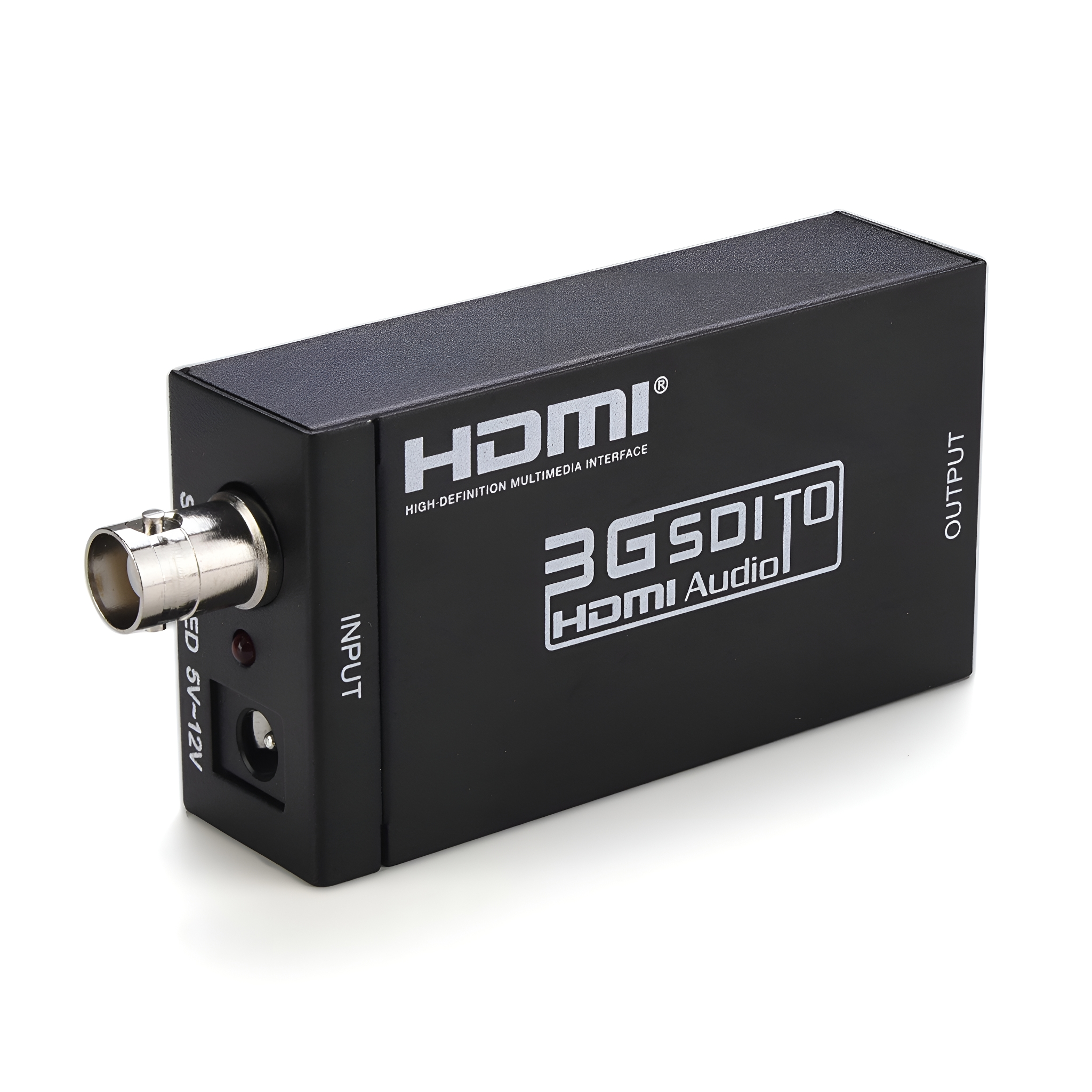 Schwarzer HDMI-zu-3G-SDI-Konverter mit Eingangs- und Ausgangsbeschriftungen, auf weißem Hintergrund.