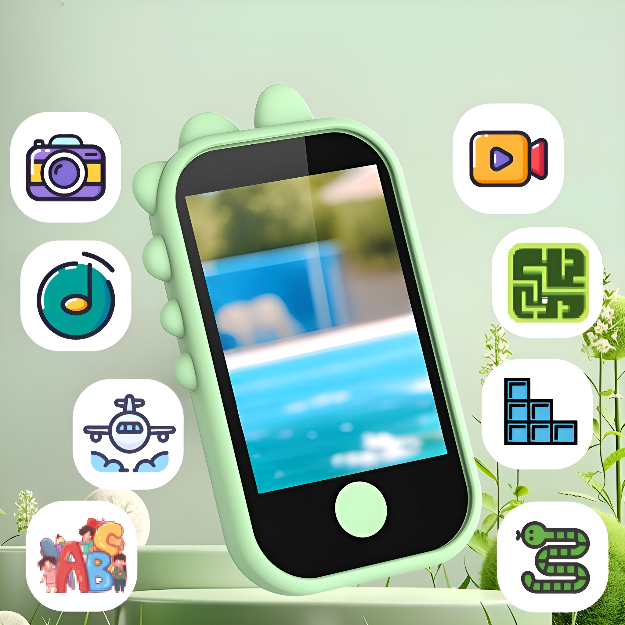 Ein grünes Spielzeugtelefon. Verschiedene Symbole umgeben das Telefon: Kamera, Video, Musik, Spiele.