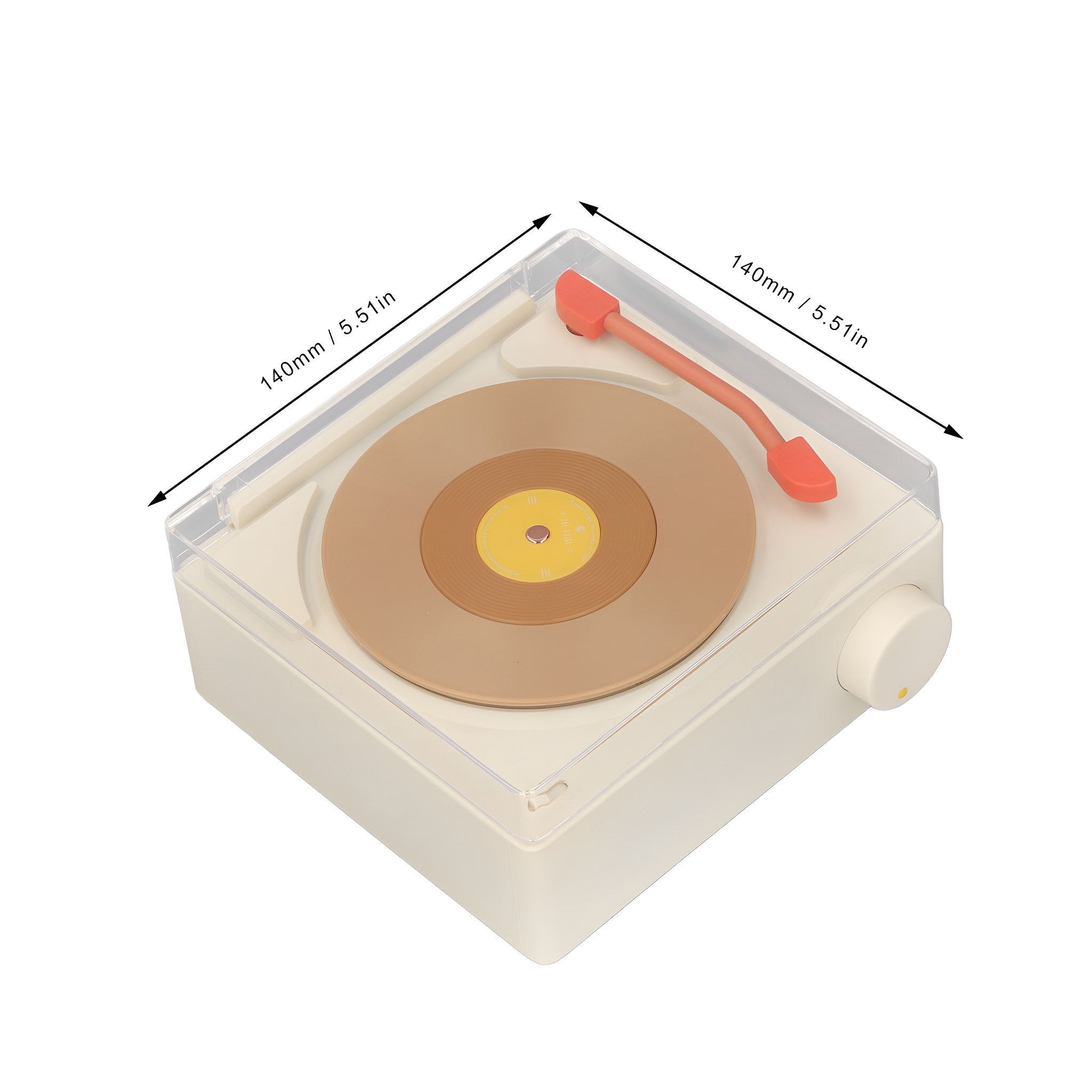Miniatur-Plattenspieler. Beige- und Braun-Farbschema. Oranger Tonarm.