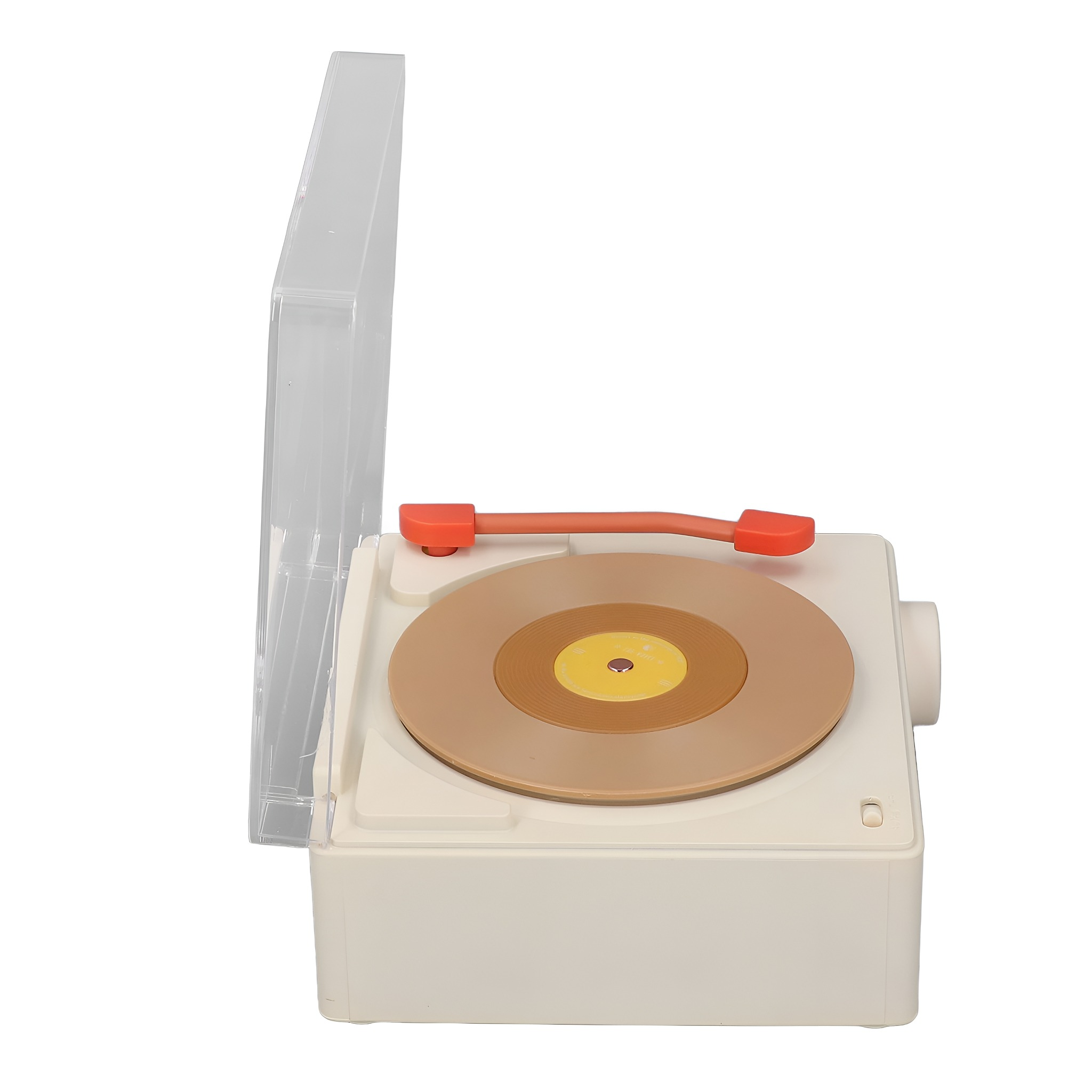 Ein Spielzeug-Plattenspieler mit beigem Gehäuse, orangefarbenem Arm und brauner Schallplatte.