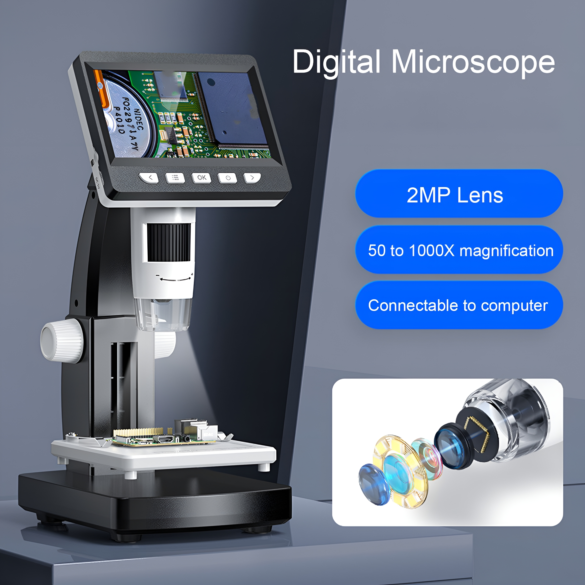 Ein digitales Mikroskop mit Bildschirm. Text erwähnt eine 2MP-Linse, 50- bis 1000-fache Vergrößerung und Computeranschluss.