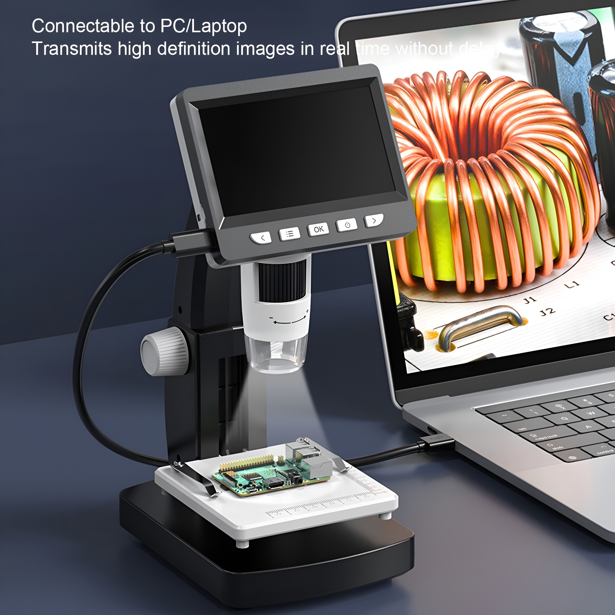 Ein Mikroskop mit Bildschirm, verbunden mit einem Laptop, zeigt Details einer Platine.