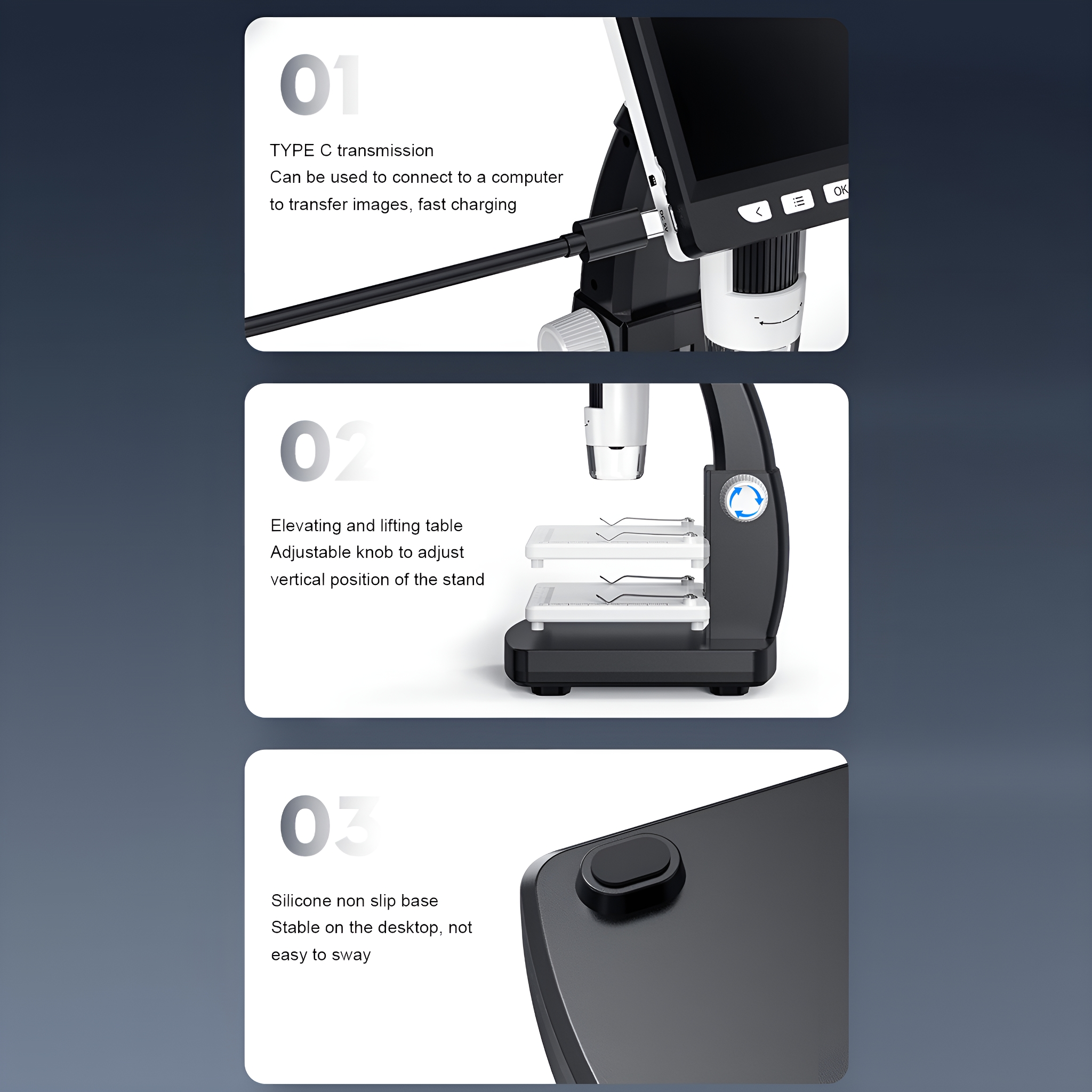 Mikroskop, mit Bildern, die einen USB-Anschluss, einen verstellbaren Tisch und eine rutschfeste Basis zeigen.