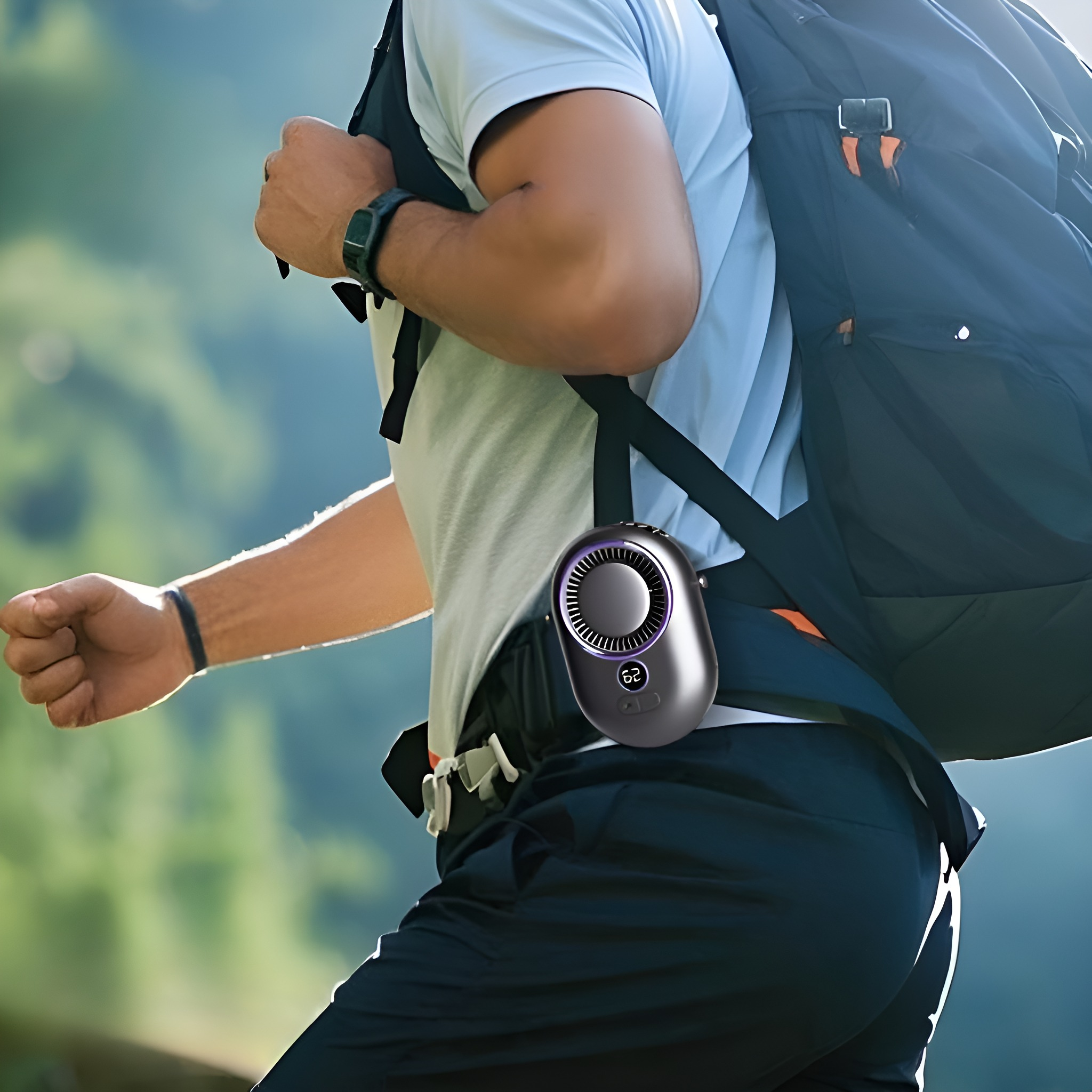 Ein Mann wandert mit einem tragbaren Ventilator an seinem Rucksack. Der Ventilator zeigt die Digitalanzeige.