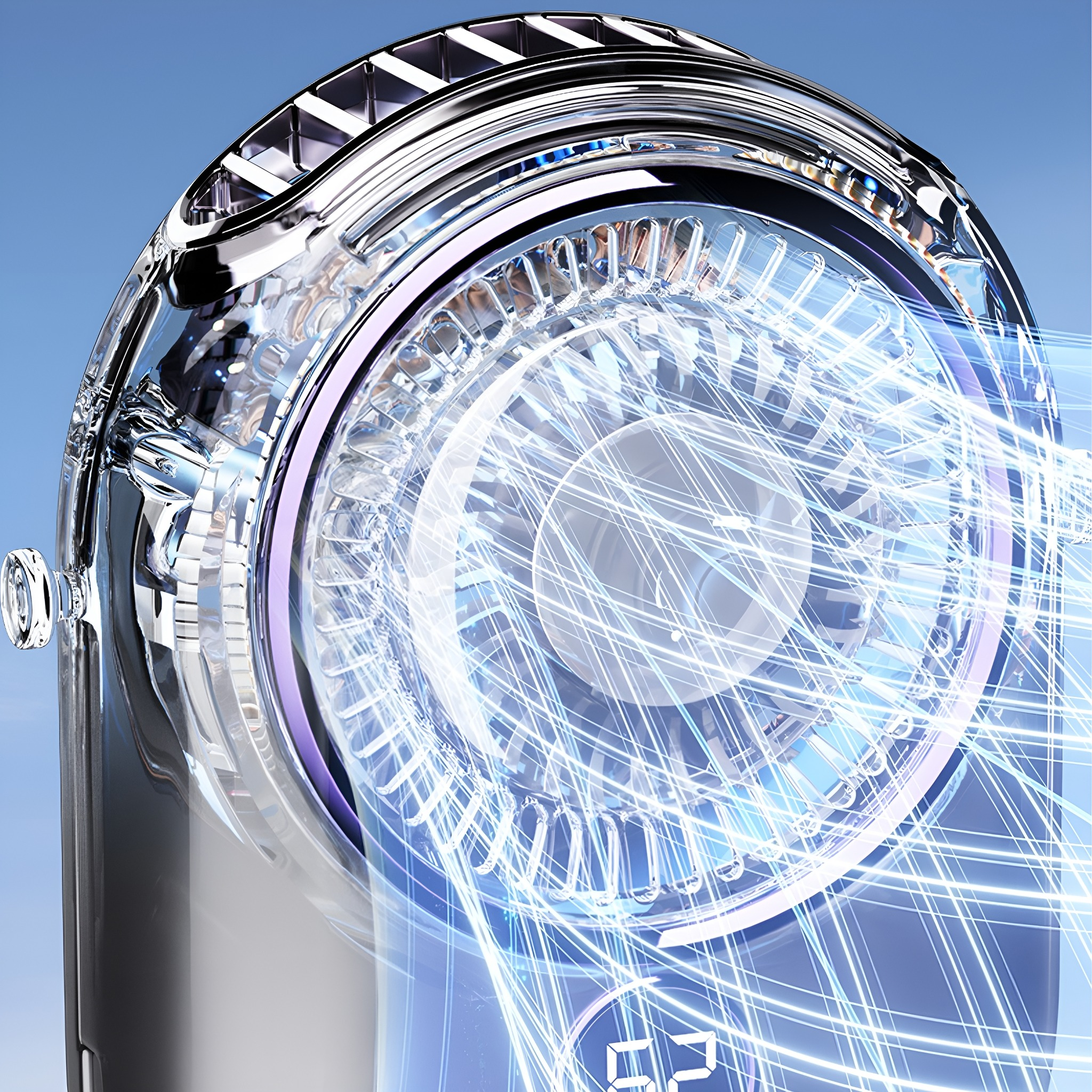 Nahaufnahme eines Ventilators mit blauem Leuchten im Inneren, zeigt sein Design.