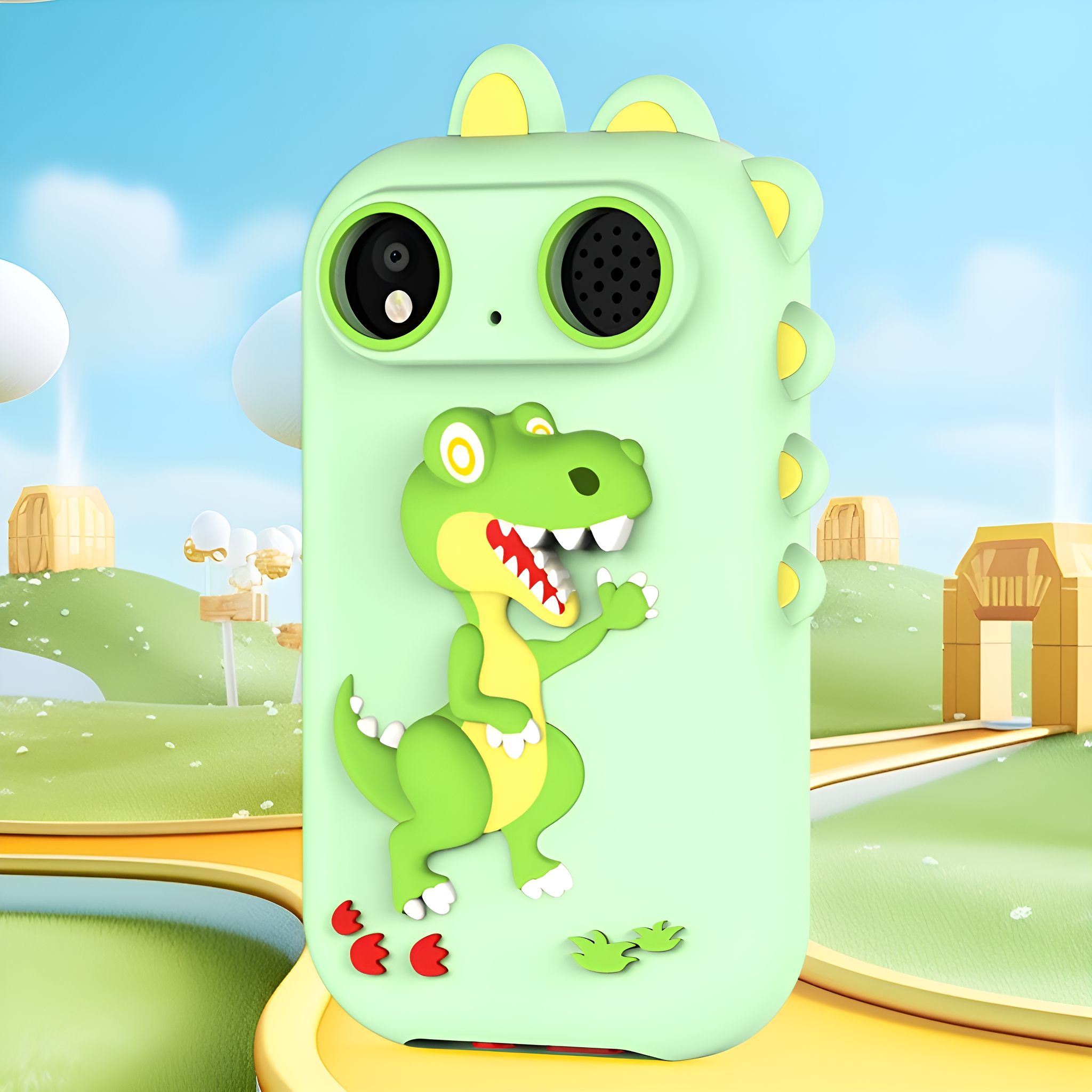 Grüne Kamera für Kinder in Dinosaurierform mit Cartoon-Design und Parkhintergrund.