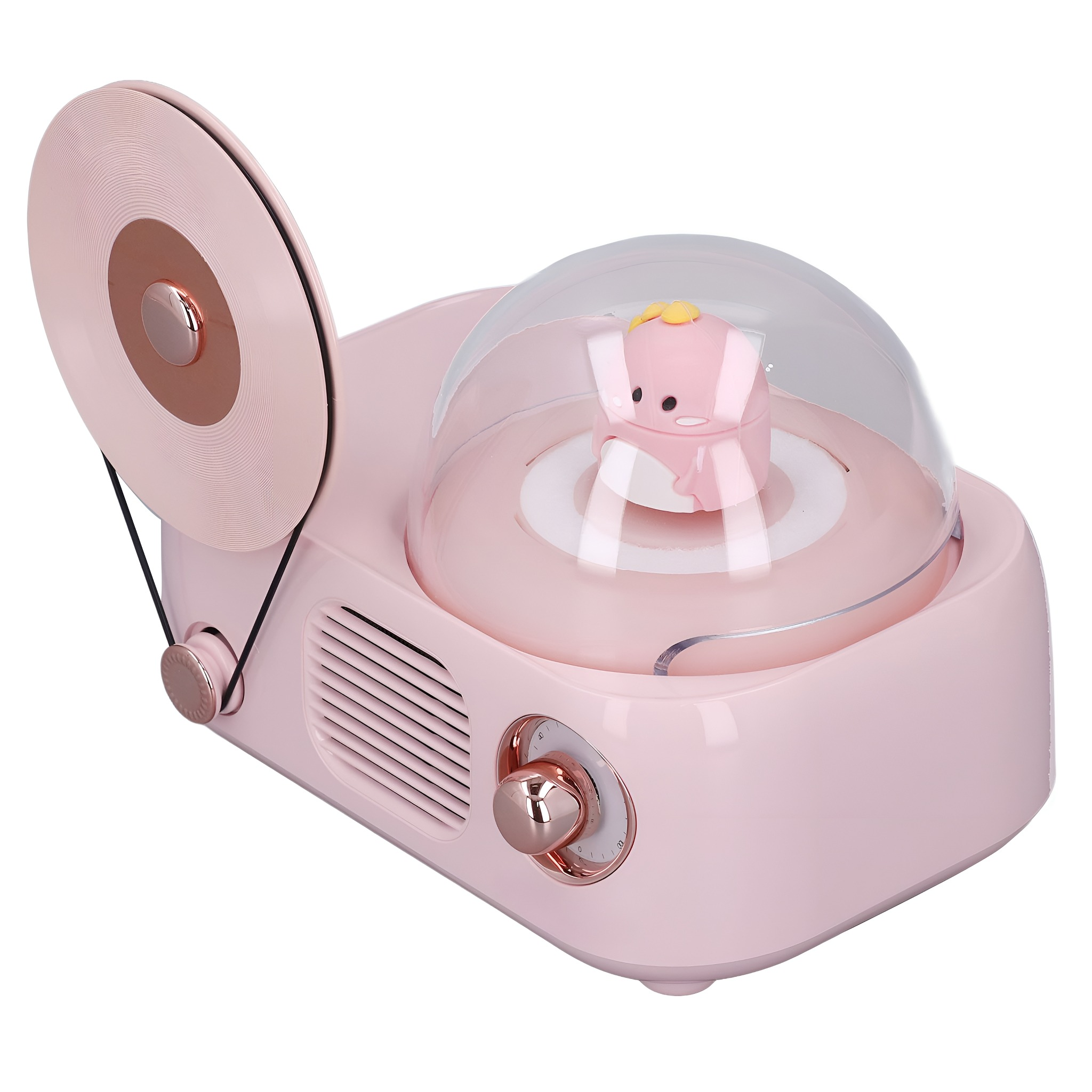 Rosa Musikbox im Retro-Stil mit einer sich drehenden Elefantenfigur im Inneren.