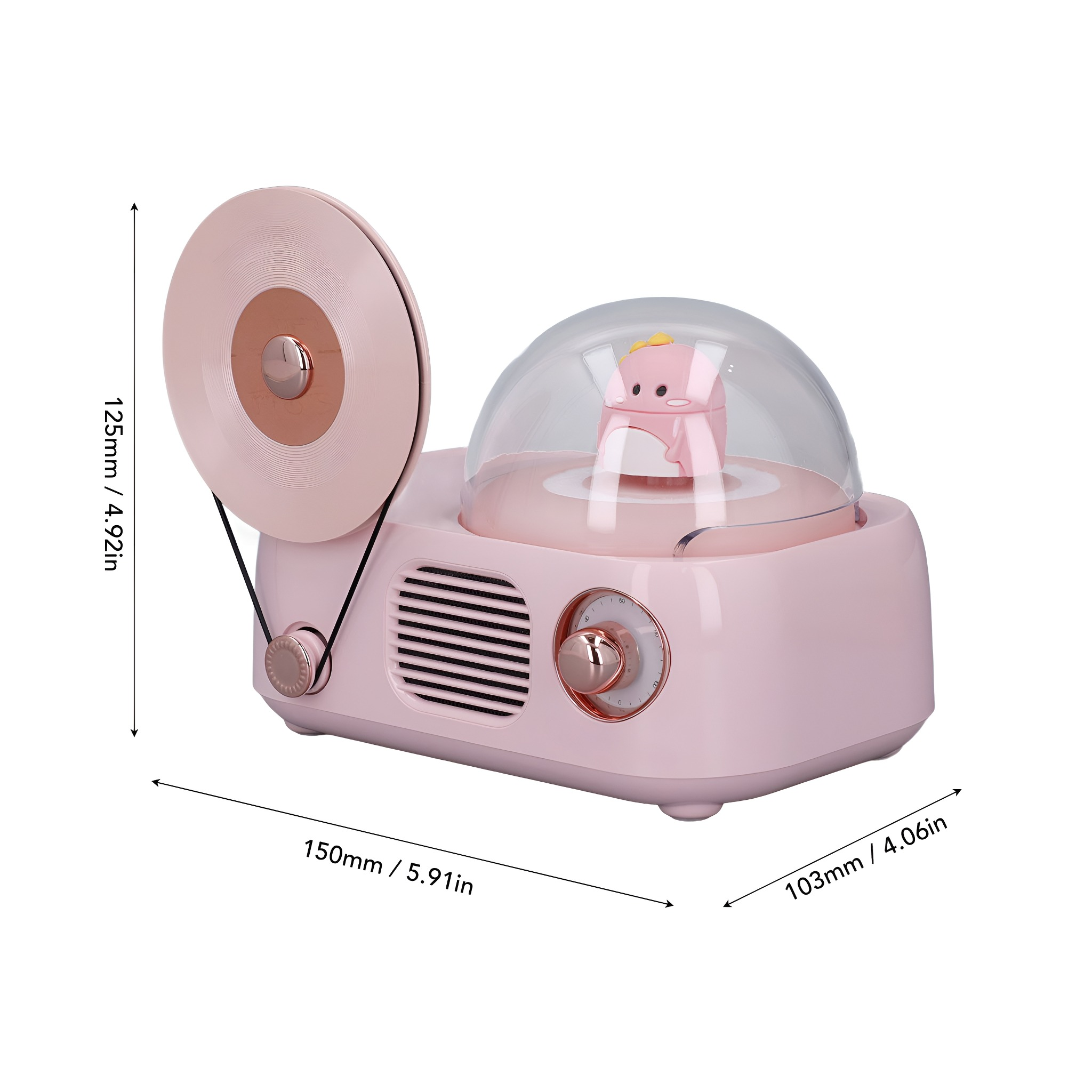 Pinkfarbener Musikplayer im Retro-Stil mit einer niedlichen Figur im Inneren.