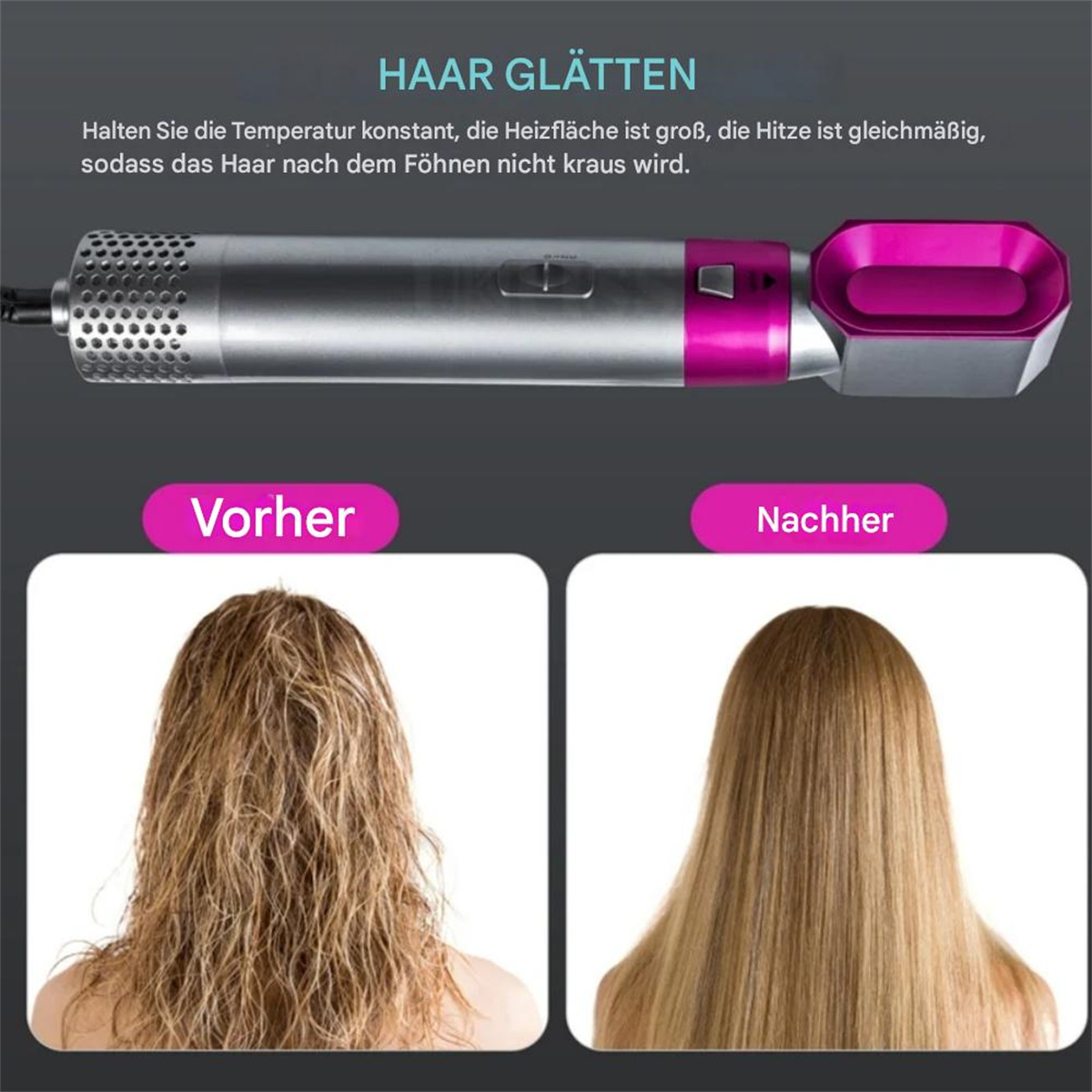 Haarstyling-Werkzeug mit Vorher/Nachher-Haarvergleich. Eine Seite zeigt strähniges, die andere glattes Haar.