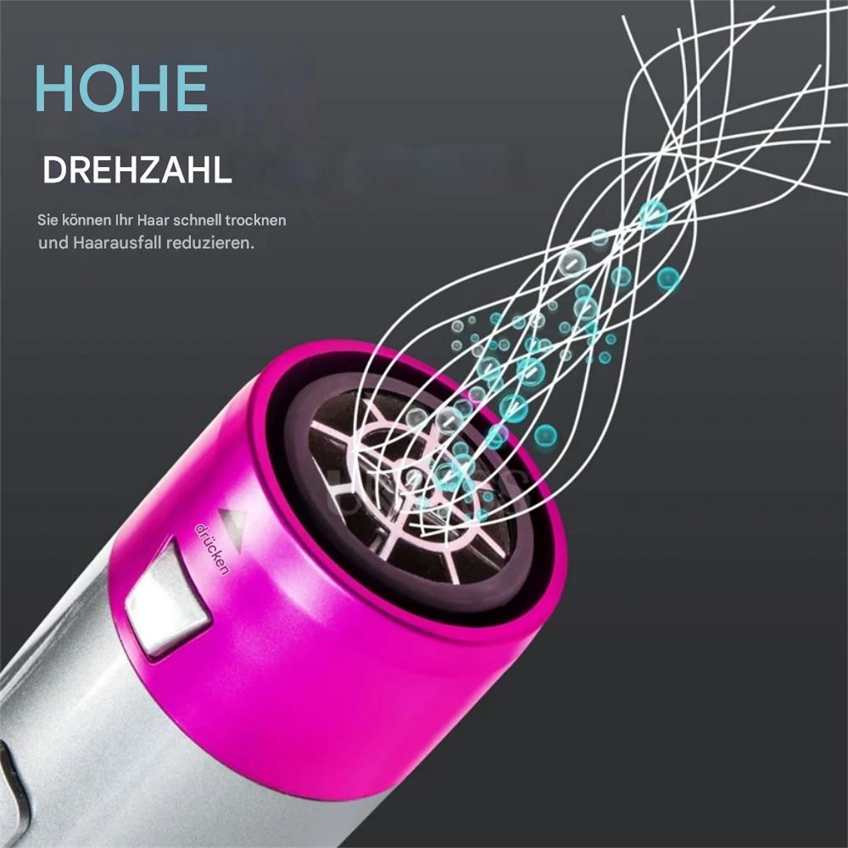 Haartrockner mit pinkfarbener Düse und silbernem Gehäuse. Luftstromlinien sind eingezeichnet.