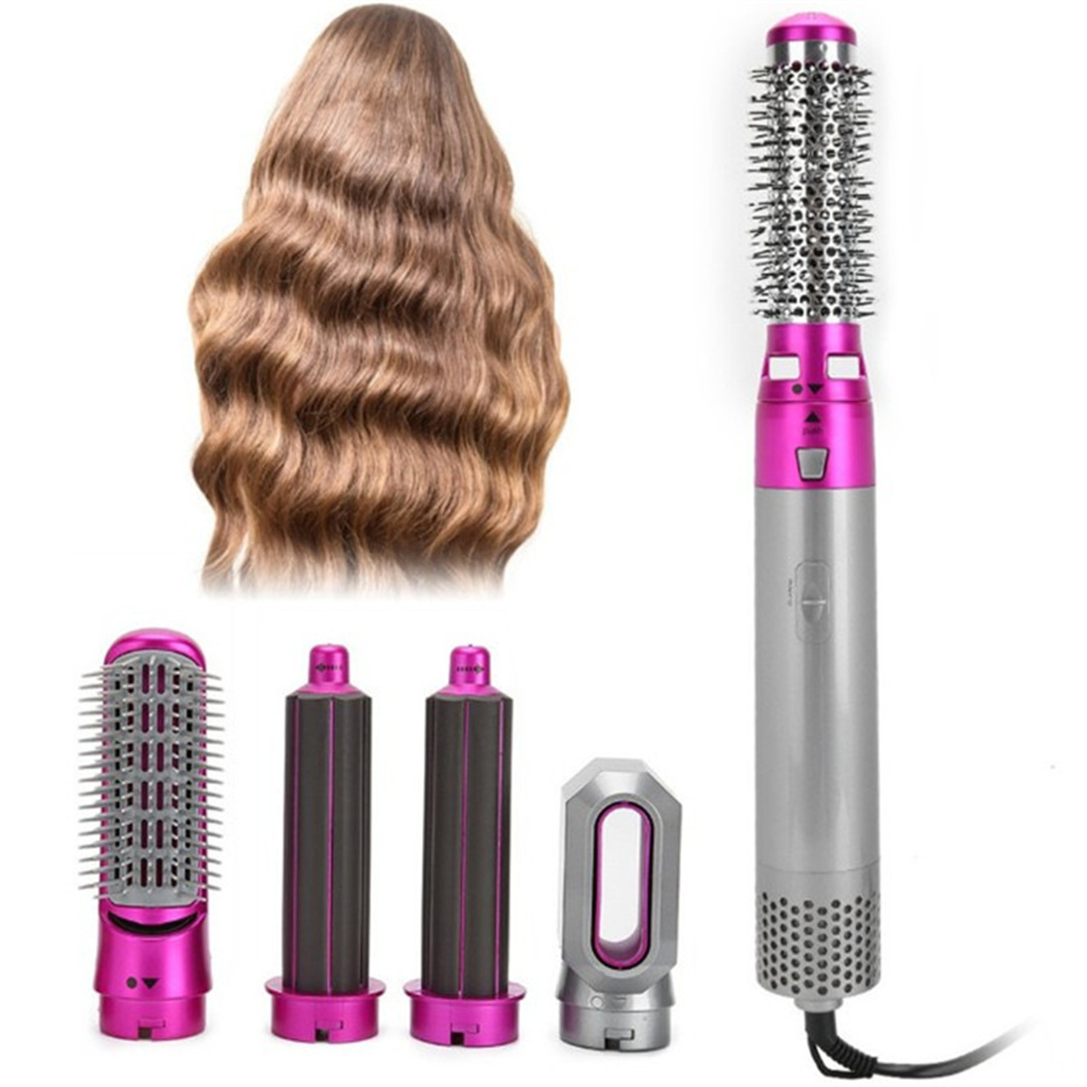 Haarstyling-Tool mit mehreren Aufsätzen und gewelltem Haar im Hintergrund.