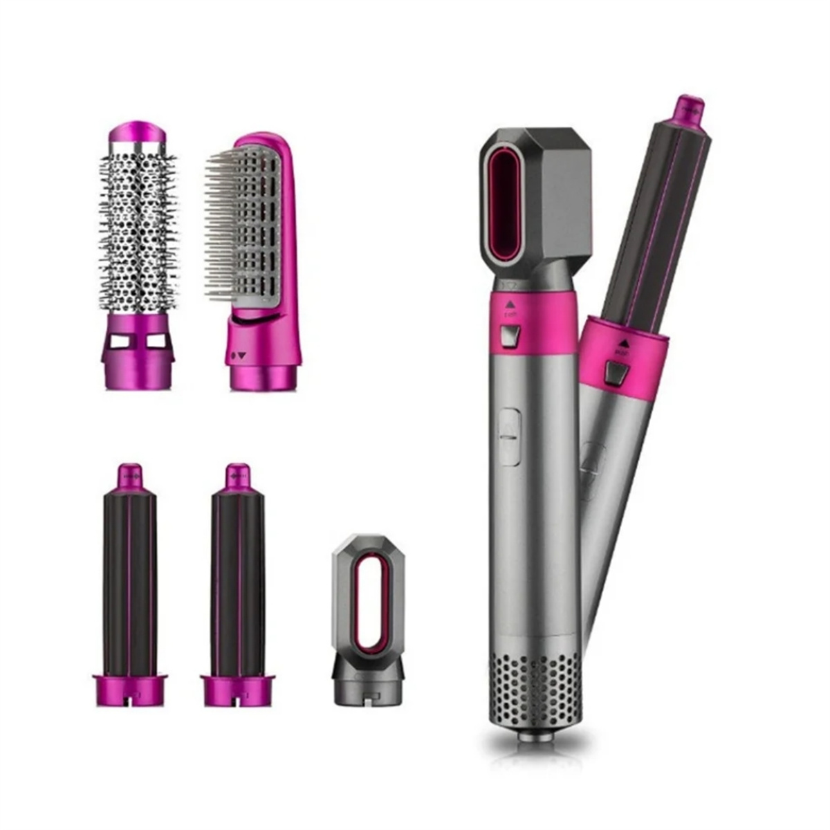 Haarstyling-Werkzeugset mit Aufsätzen in Pink und Silber, vor weißem Hintergrund.