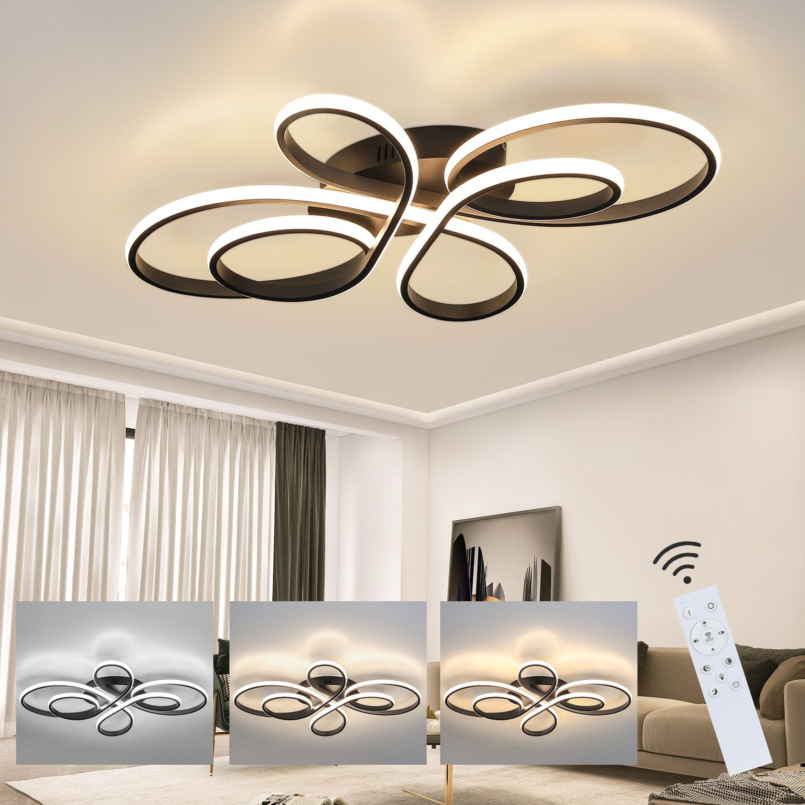 Lampada da soffitto moderna con telecomando. Tre diverse impostazioni di luce mostrate sotto.