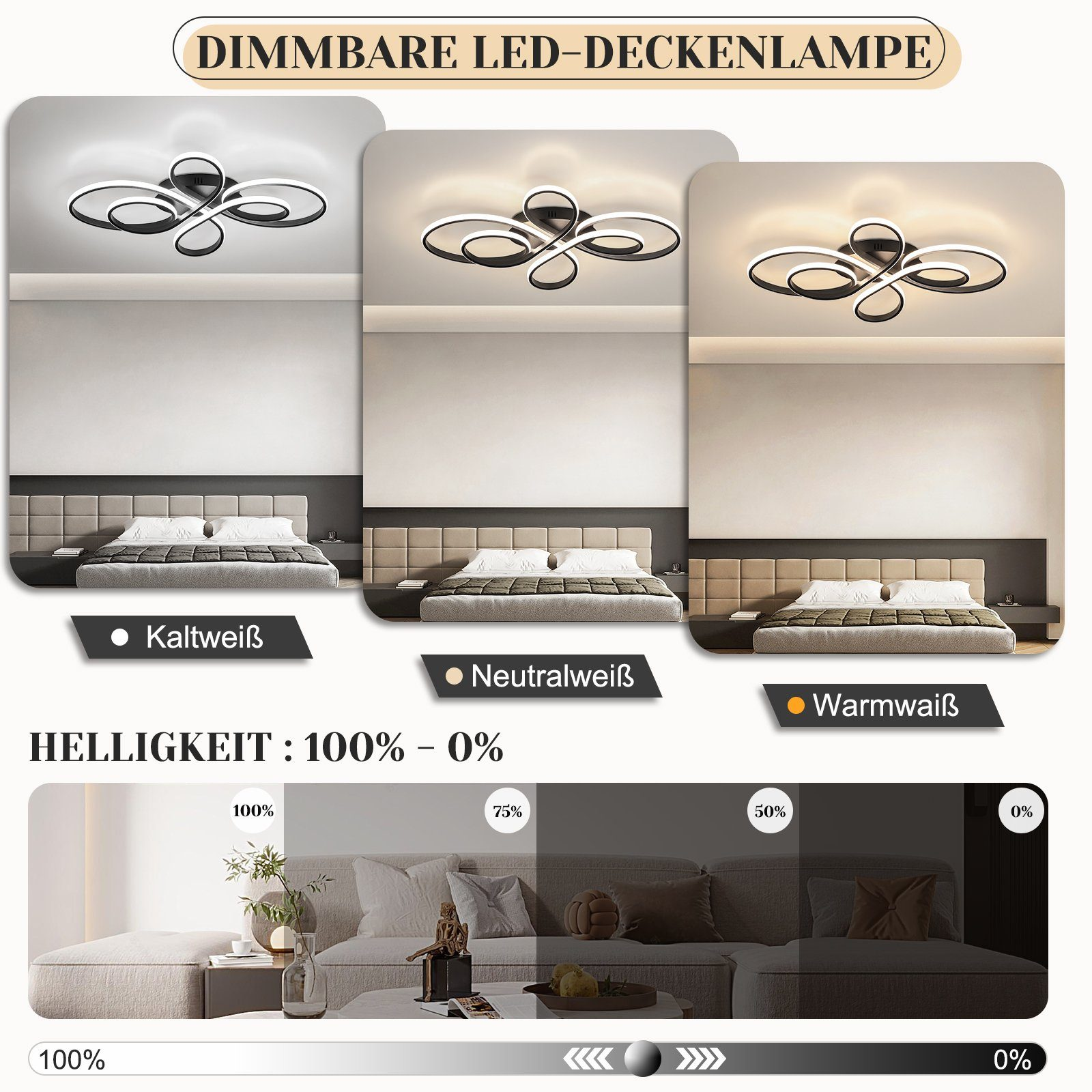 Un apparecchio per illuminazione a soffitto, mostrato con diverse impostazioni di luce.